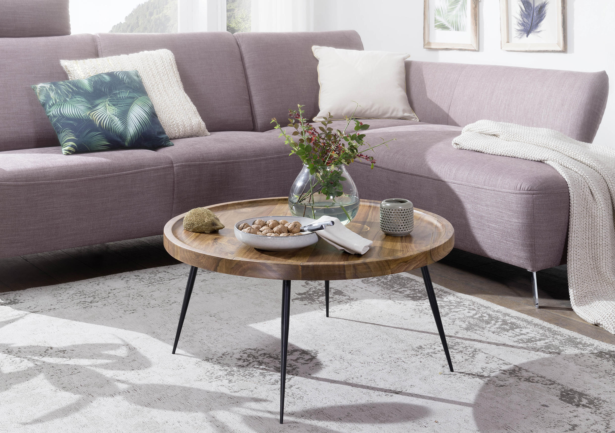 COUCHTISCH Sheesham massiv 75/75/39 cm rund Sheeshamfarben  - Sheeshamfarben/Schwarz, Design, Holz/Metall (75/75/39cm) - MID.YOU