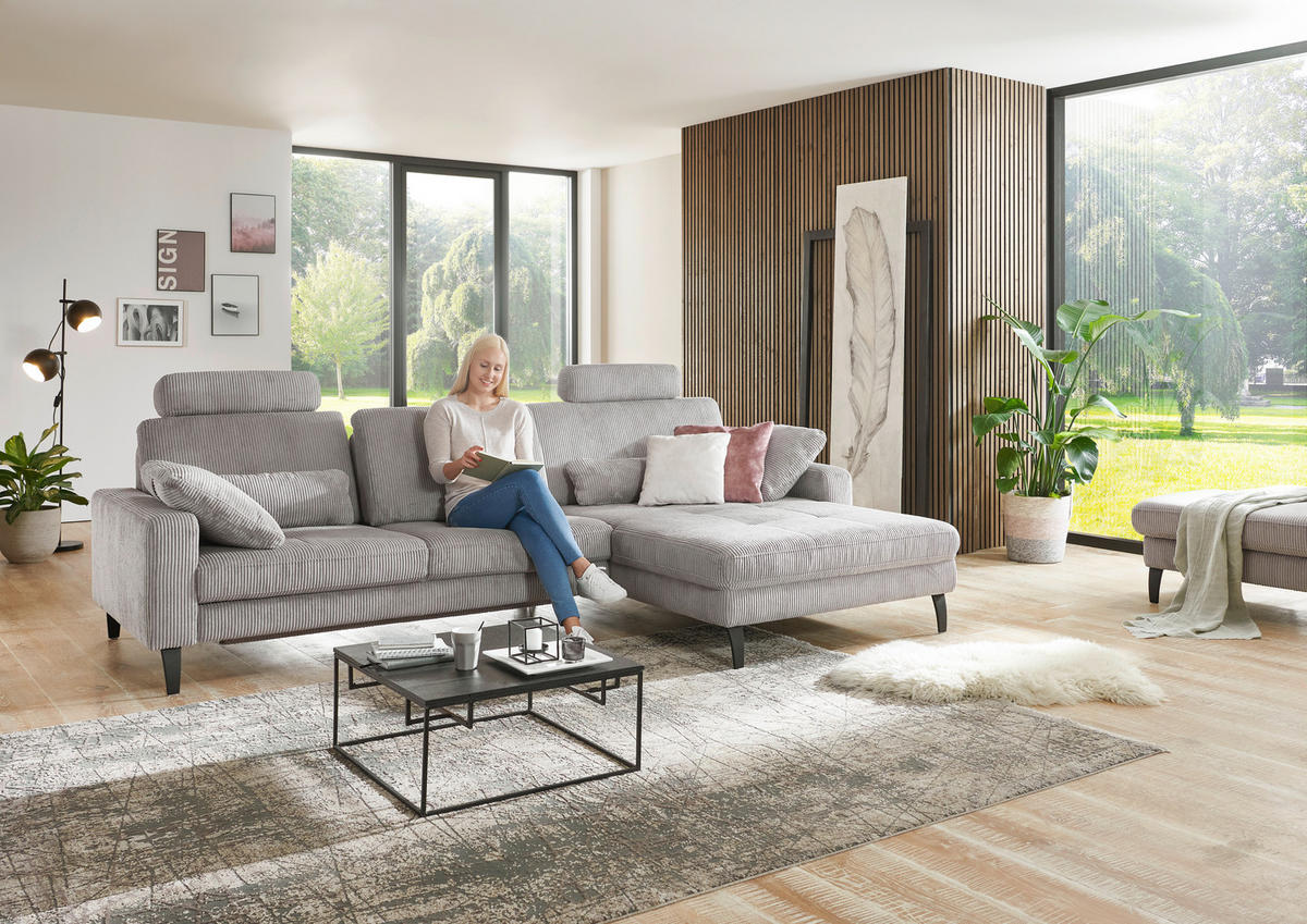 ECKSOFA in Cord Hellgrau  - Hellgrau/Schwarz, Modern, Textil/Metall (302/177cm) - Beldomo Style