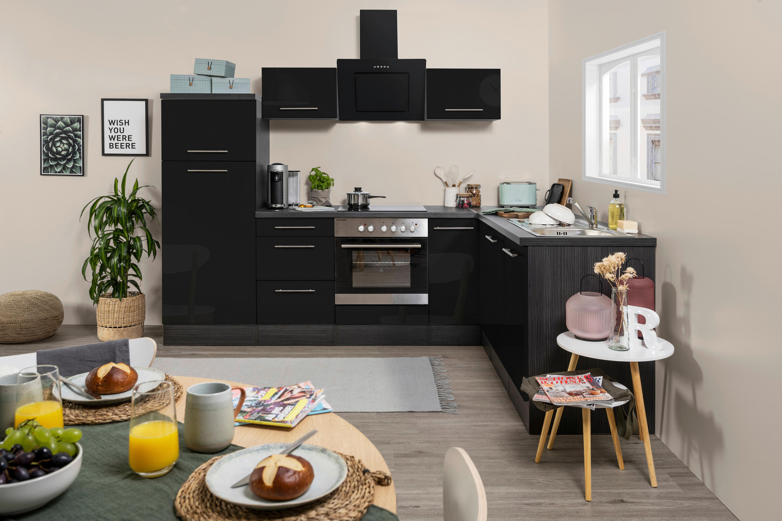 ECKKÜCHE 260/200 cm  in Schwarz, Grau  - Eichefarben/Alufarben, Konventionell, Holzwerkstoff/Metall (260/200cm) - Respekta