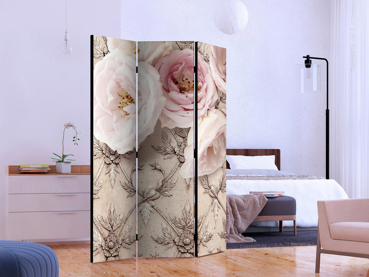 PARAVENT mit 3  Flügel - Hellrosa/Beige, Basics, Holz/Textil (135/172/3cm) - artgeist