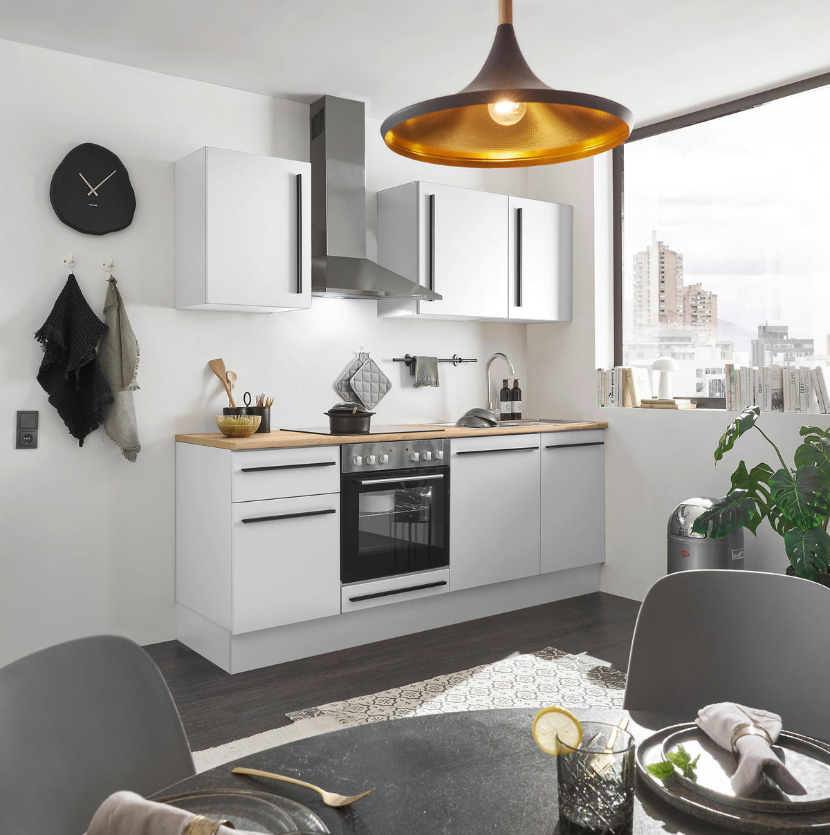 KÜCHENLEERBLOCK 220 cm   in Weiß, Eichefarben  - Eichefarben/Schwarz, Design, Holzwerkstoff/Kunststoff (220cm) - MID.YOU