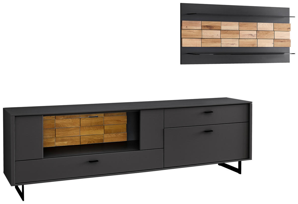 WOHNWAND  in Grau, Eichefarben  299,4/170,4/46,4 cm  - Eichefarben/Anthrazit, Design, Glas/Holz (299,4/170,4/46,4cm) - Novel