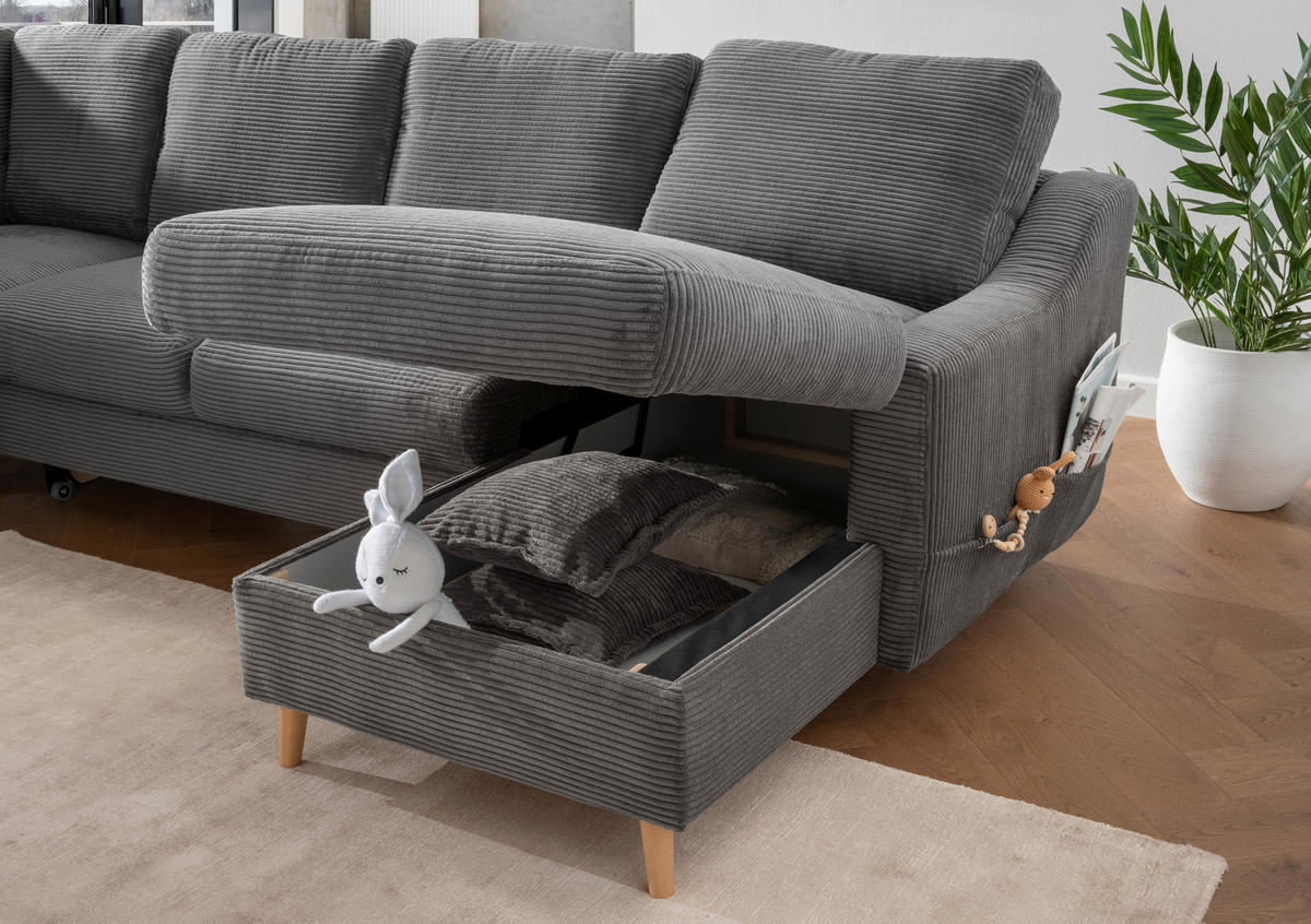 WOHNLANDSCHAFT Cord Grau  - Naturfarben/Grau, Konventionell, Holz/Textil (200/301/150cm) - P & B