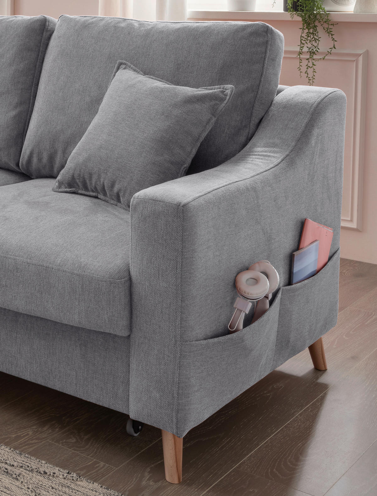 ECKSOFA in Chenille Dunkelgrau  - Dunkelgrau/Naturfarben, Modern, Holz/Textil (150/228cm) - Livetastic