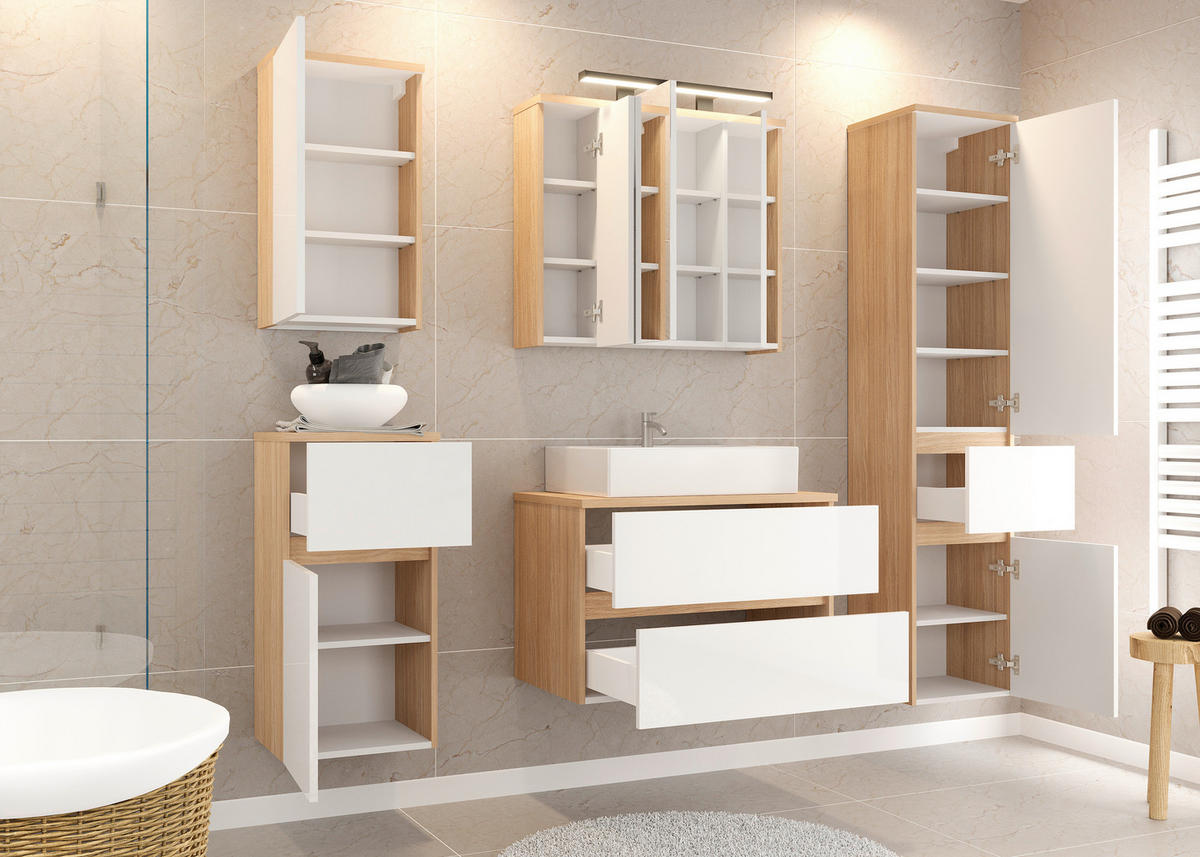 UMIVAL. ENOTA Z UMIVALNIKOM 80/67/47 cm  - bela/visoki sijaj, Basics, leseni material/keramika (80/67/47cm) - Ti'me