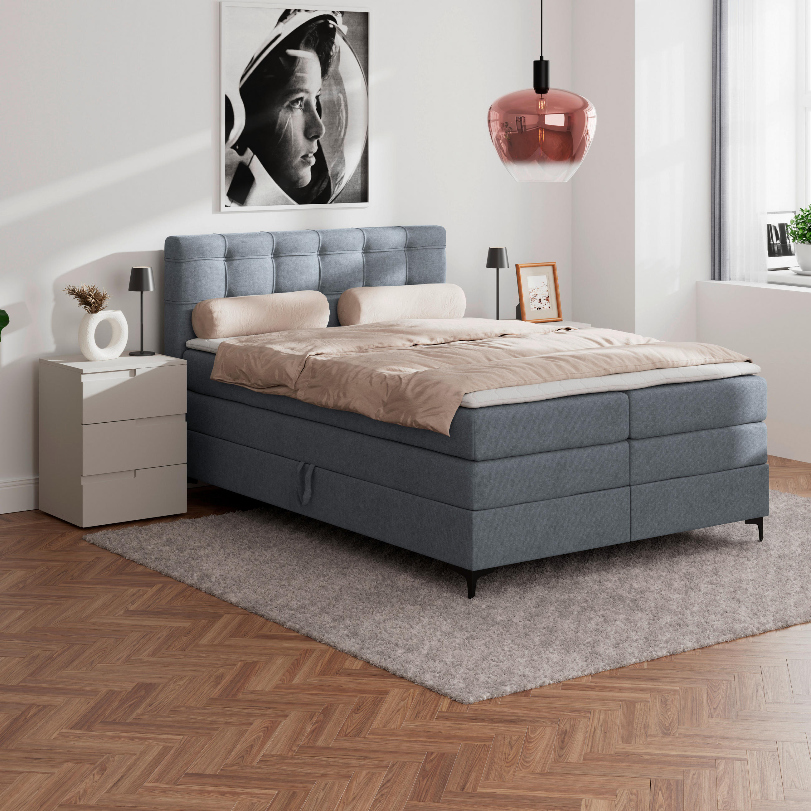 BOXSPRINGBETT 140/200 cm,  in Blaugrau, H3 = fest  - Blaugrau/Schwarz, KONVENTIONELL, Kunststoff/Textil (140/200cm)
