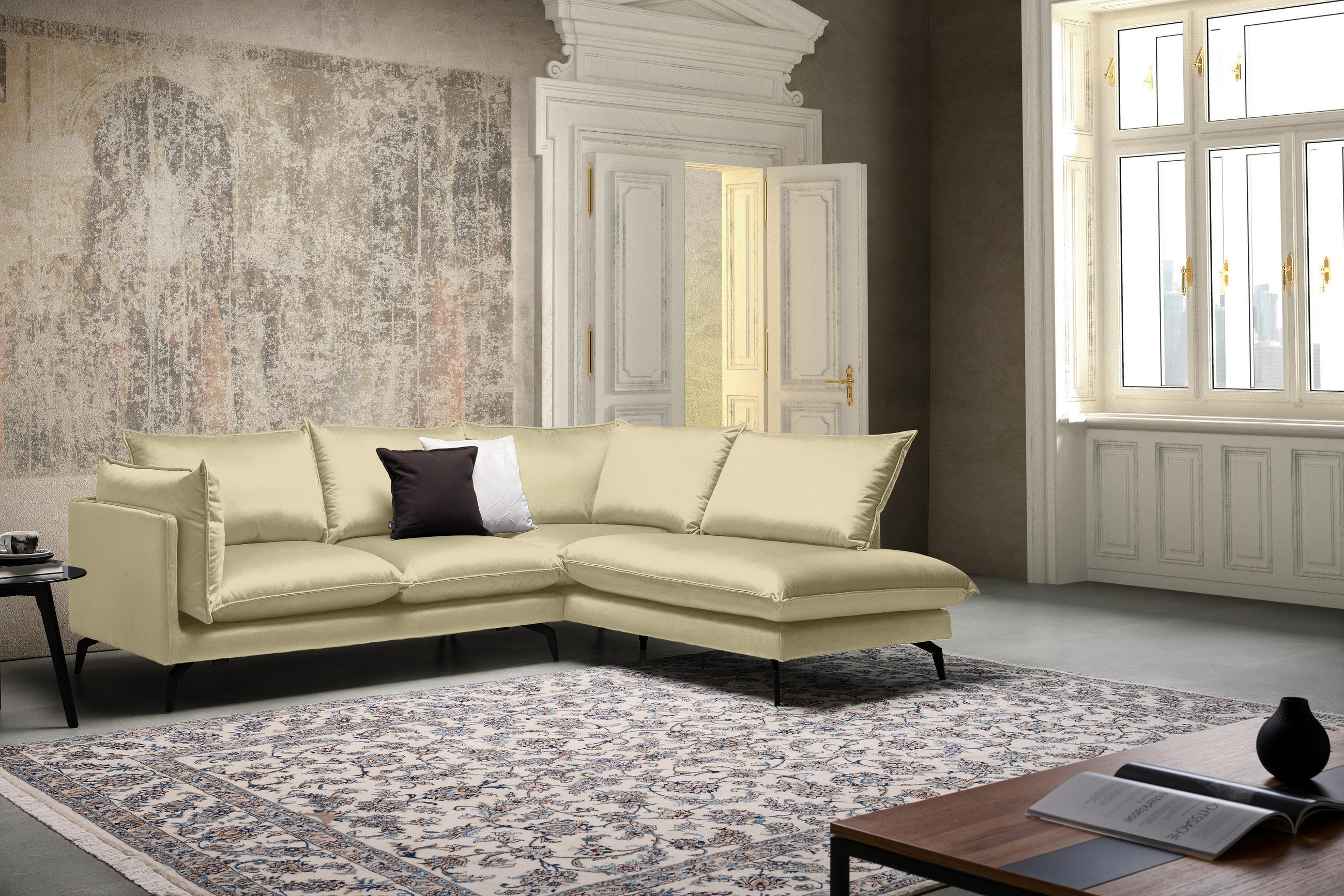 HÖRNSOFFA i sammet beige  - beige/svart, Design, metall/textil (241/200cm) - Carryhome