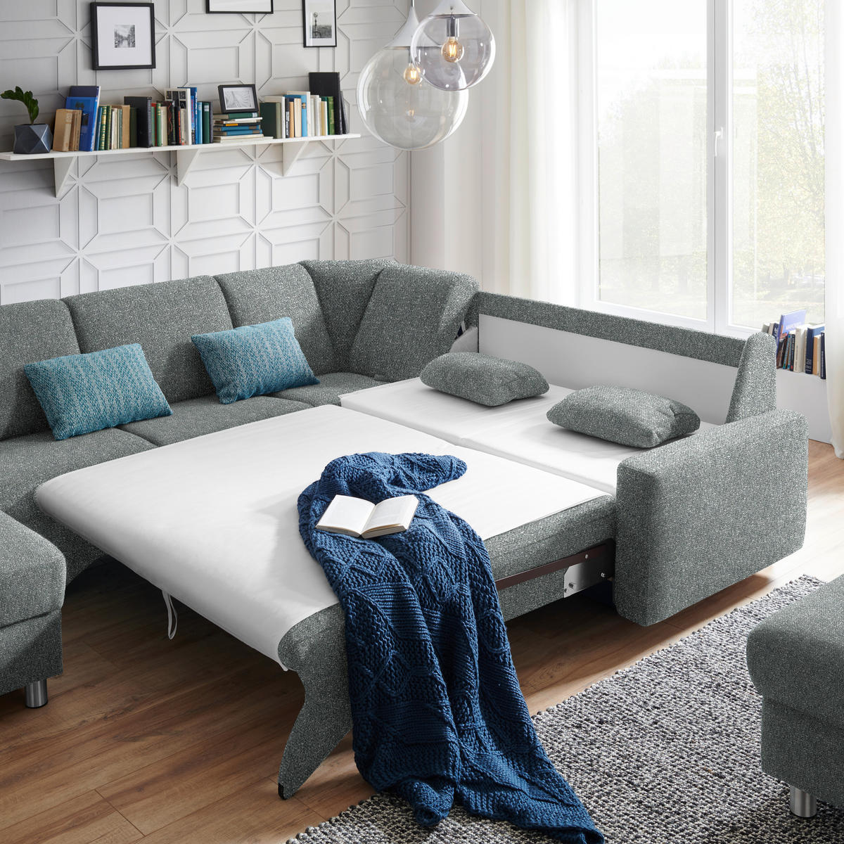 WOHNLANDSCHAFT  in Mikrovelours Graugrün  - Alufarben/Graugrün, KONVENTIONELL, Kunststoff/Textil (158/322/236cm) - Sedda