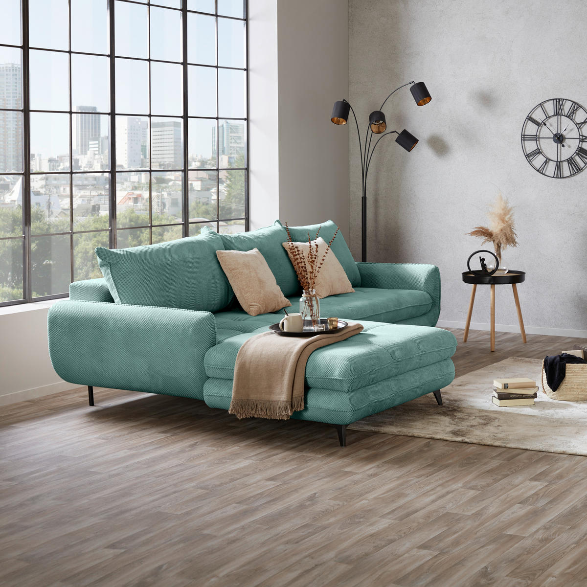 ECKSOFA in Struktur Türkis  - Türkis/Beige, Modern, Textil/Metall (189/266cm) - MID.YOU