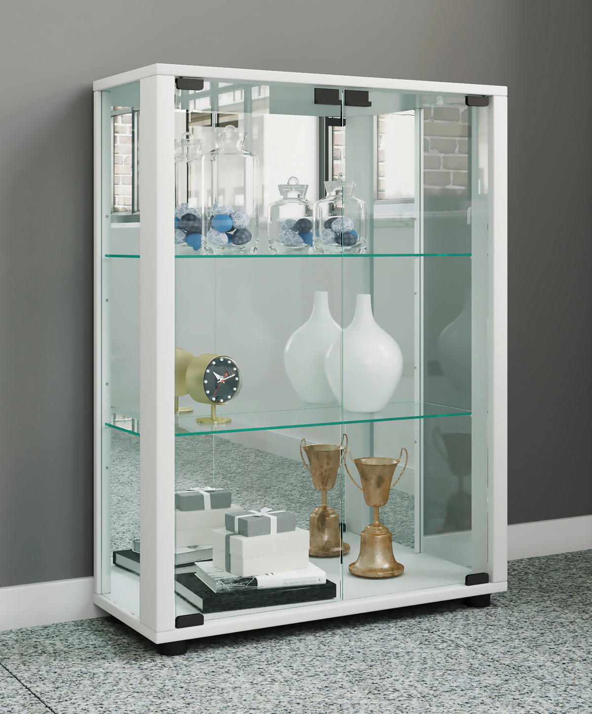VITRINE in Weiss  - Weiss/Schwarz, Modern, Glas/Holzwerkstoff (60/80/25cm) - MID.YOU