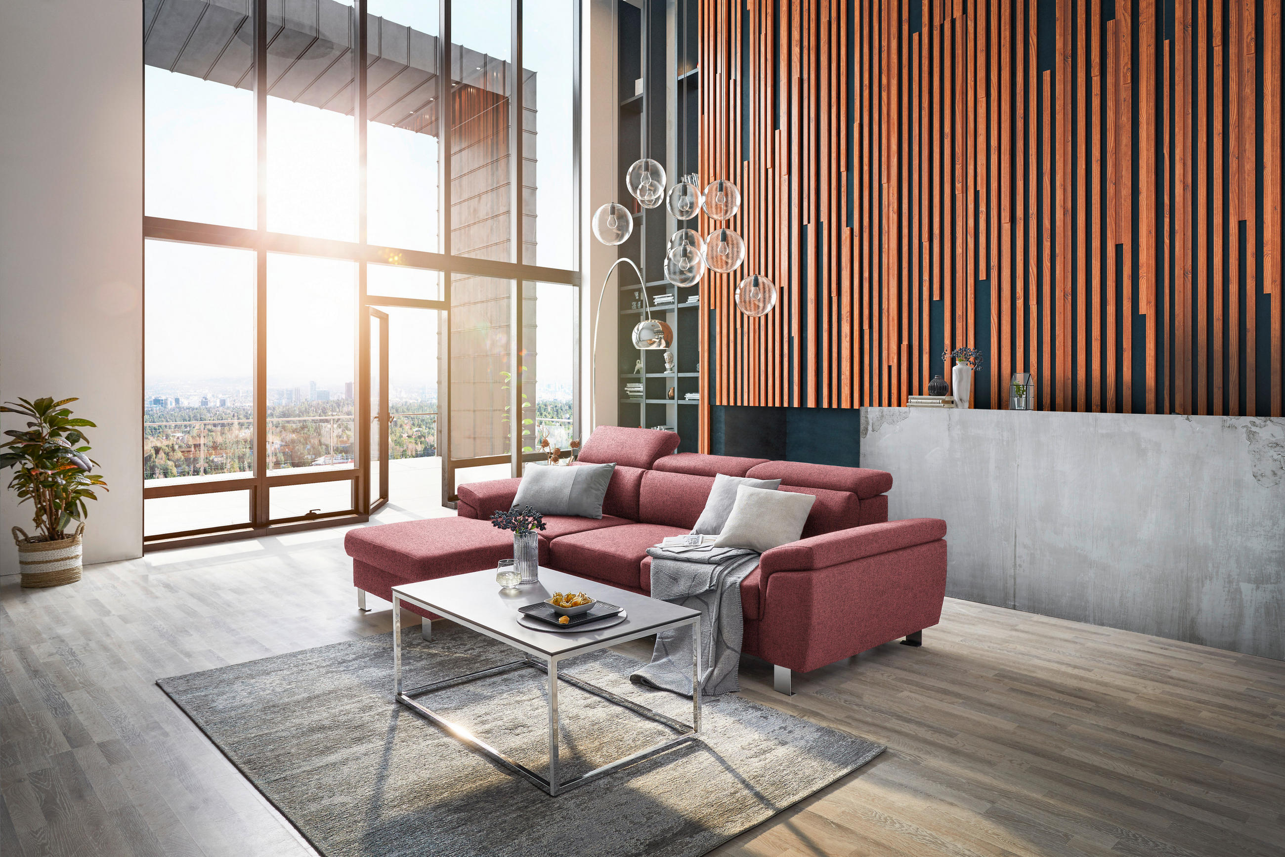 ECKSOFA inkl. Funktionen Hellrot Webstoff  - Hellrot/Silberfarben, Design, Textil/Metall (167/250cm) - Xora