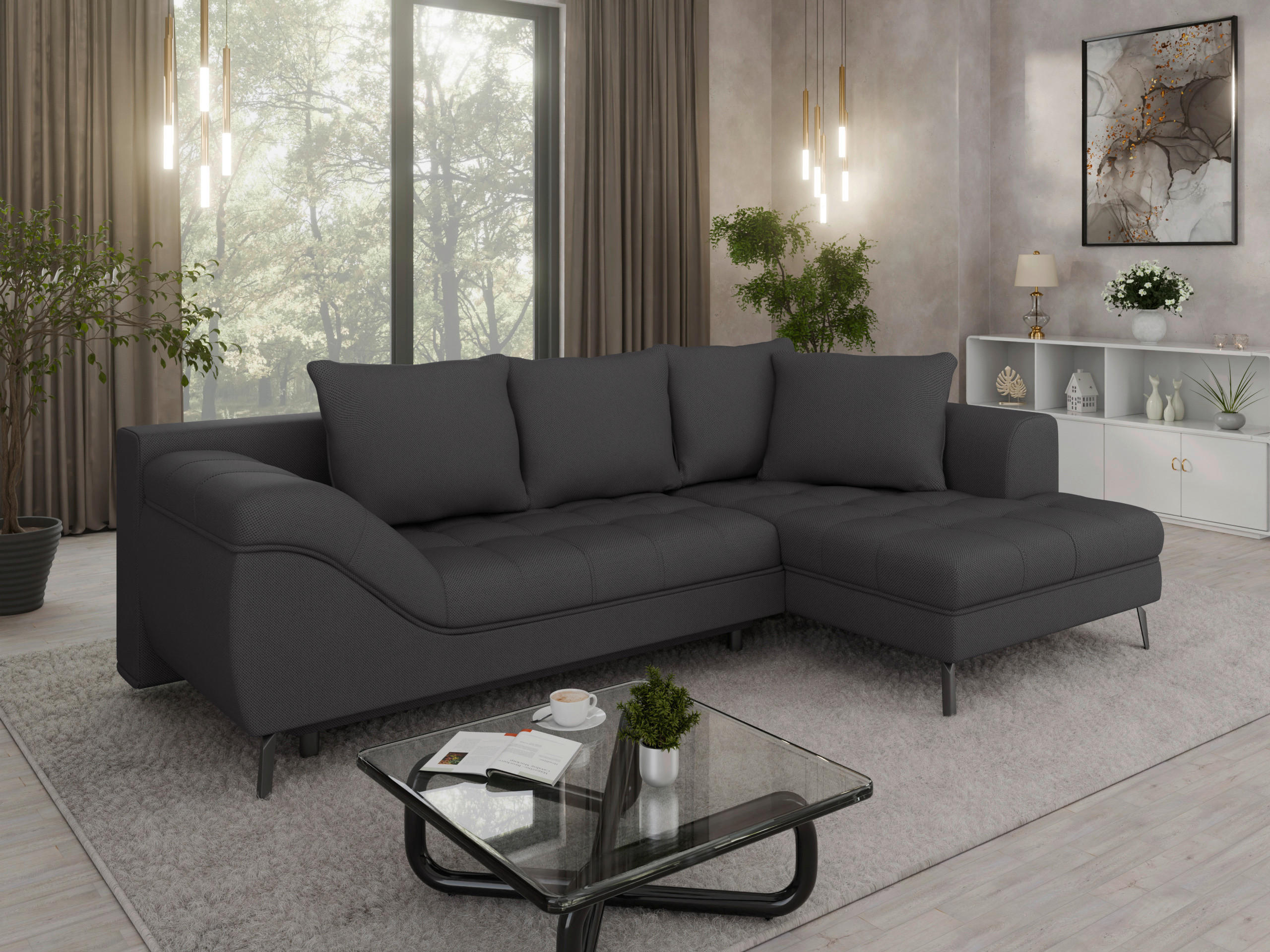 Ecksofa inkl. Funktionen Anthrazit Webstoff  - Anthrazit/Schwarz, MODERN, Textil/Metall (279/177cm) - Stylife