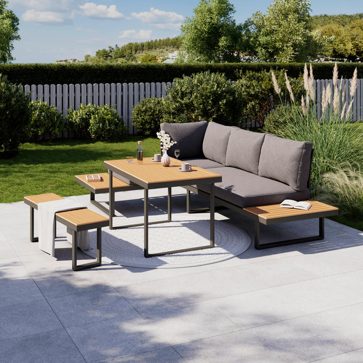 LOUNGE ÉTKEZŐGARNITÚRA 4 részes   253/70/175 cm  - natúr színű/antracit, Modern, műanyag/textil (253/70/175cm) - Ambia Garden