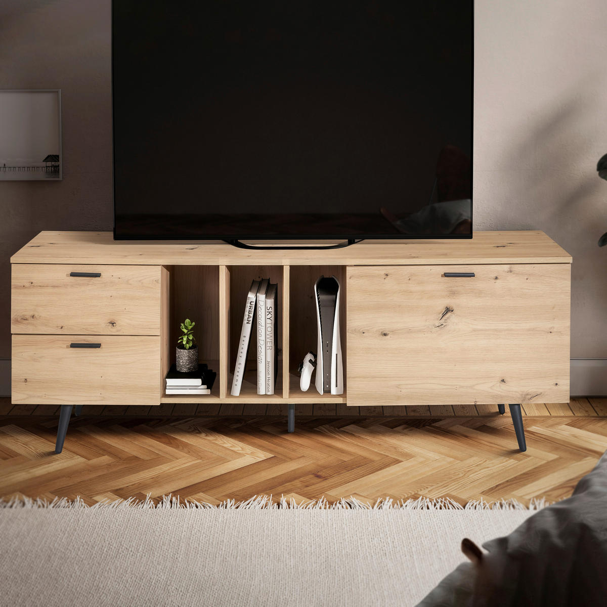 NÍZKA KOMODA, farba duba, 150/55/40 cm - čierna/farba duba, Design, kov/kompozitné drevo (150/55/40cm) - Livetastic