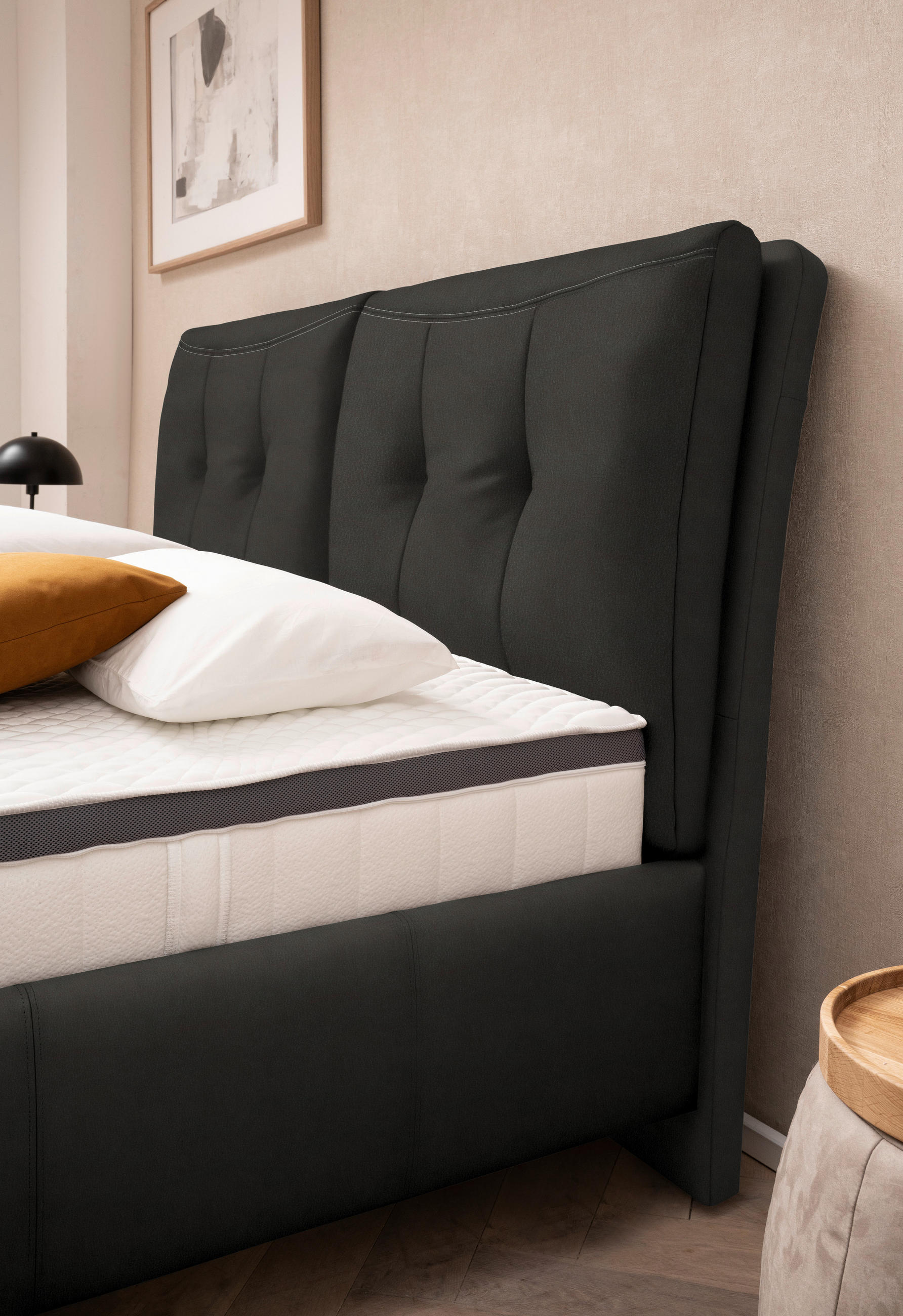 Thumbnail - Novel Polsterbett, Anthrazit, Textil, Echtleder, Rindleder, Birke, H3 + H4, 7-Zonen, Höhe ca. 32 cm, 180x200 cm, Härtegr...