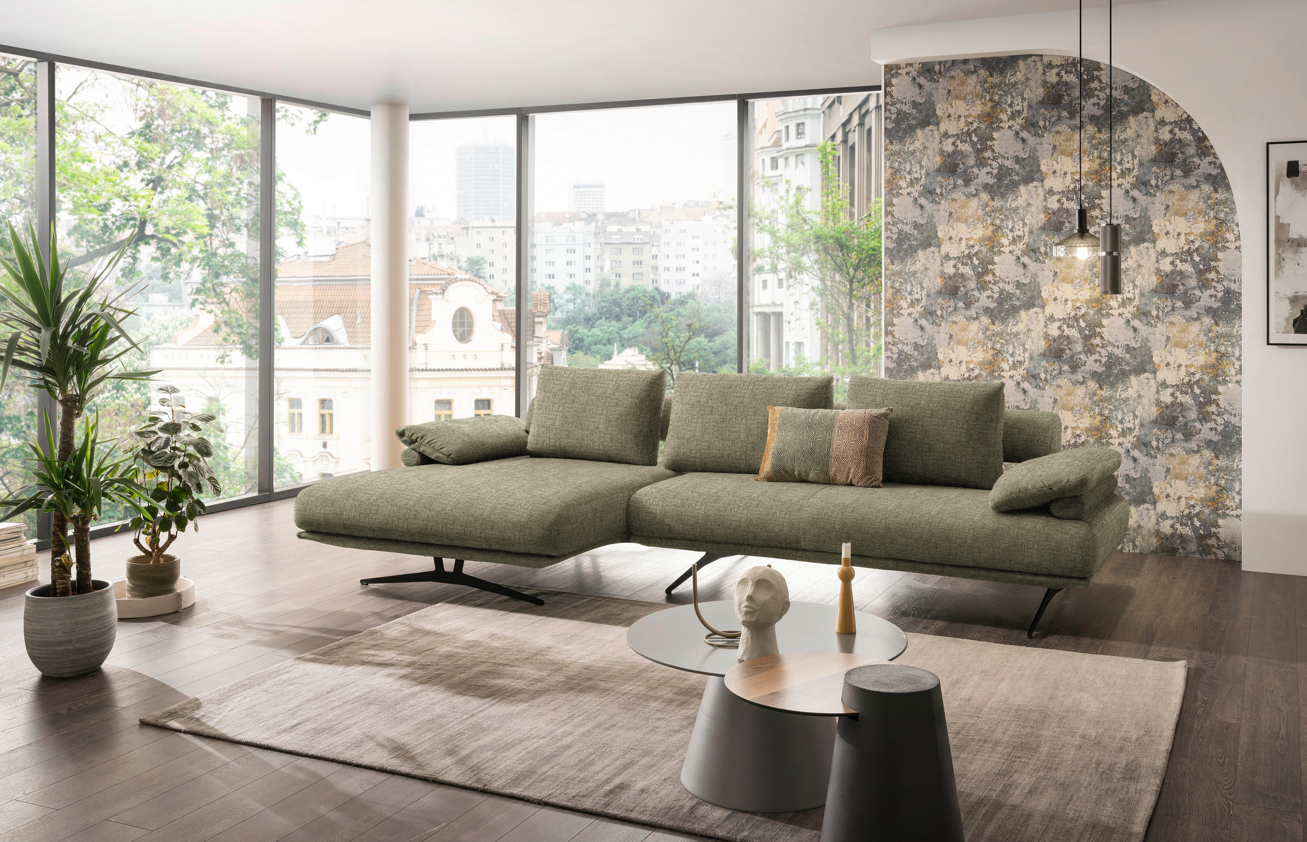 ECKSOFA in Chenille Hellgrün  - Schwarz/Hellgrün, Design, Textil/Metall (168/334cm) - Dieter Knoll