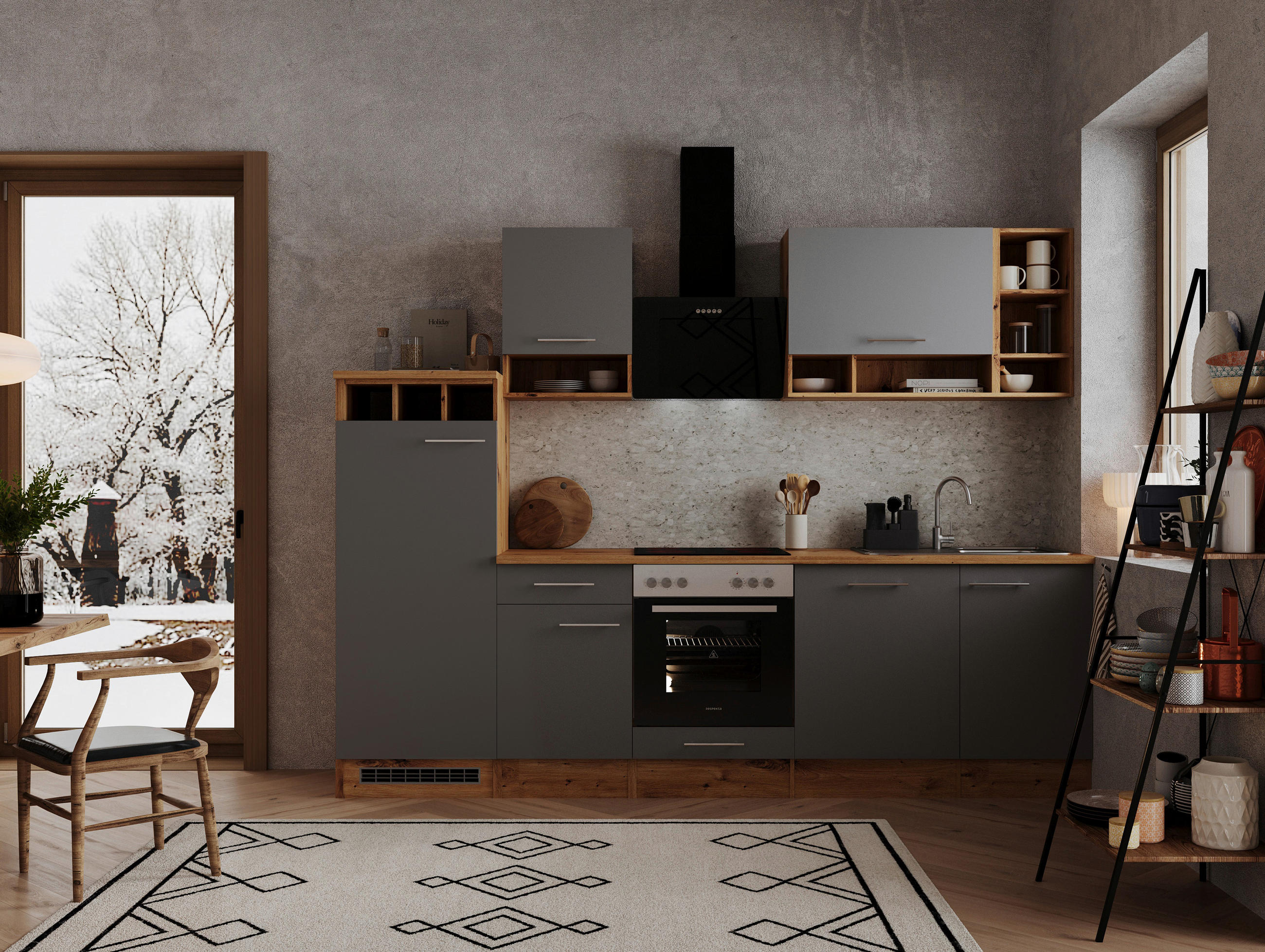 KÜCHENBLOCK 280 cm   Grau, Wildeiche  - Wildeiche/Edelstahlfarben, Basics, Holzwerkstoff/Metall (280cm) - Respekta