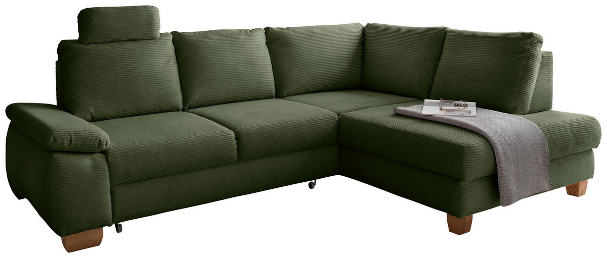 ECKSCHLAFSOFA  mit Liegefunktion, Rücken echt, Armteil links Cord Dunkelgrün  - Wildeiche/Dunkelgrün, MODERN, Holz/Textil (261/206cm) - Livetastic