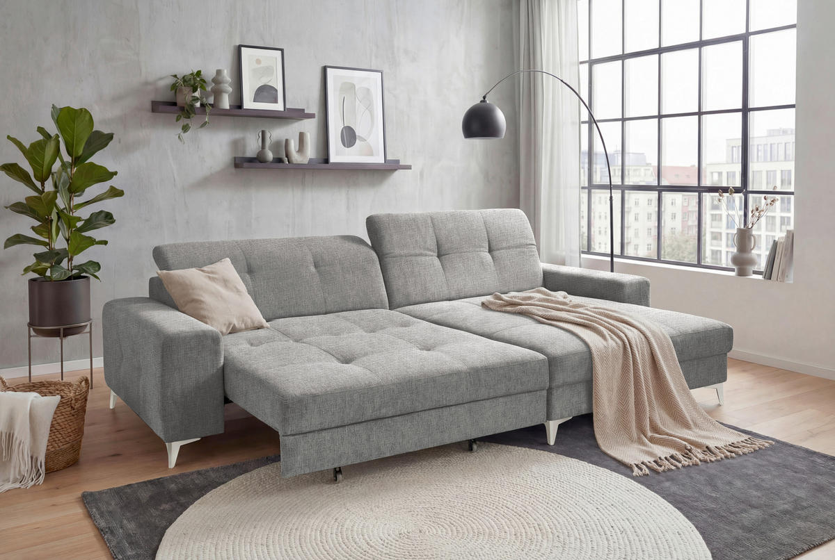 ECKSOFA SORELLA Grau Chenille Kopfteilverstellung, Sitztiefenverstellung  - Kaschmir/Grau, Design, Kunststoff/Textil (328/182cm) - MID.YOU