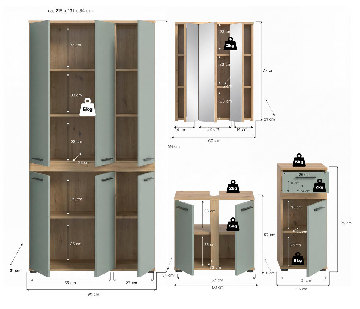 BADEZIMMER 4-teilig  in 215 cm  - Salbeigrün/Schwarz, Trend, Glas/Holzwerkstoff (215cm) - MID.YOU