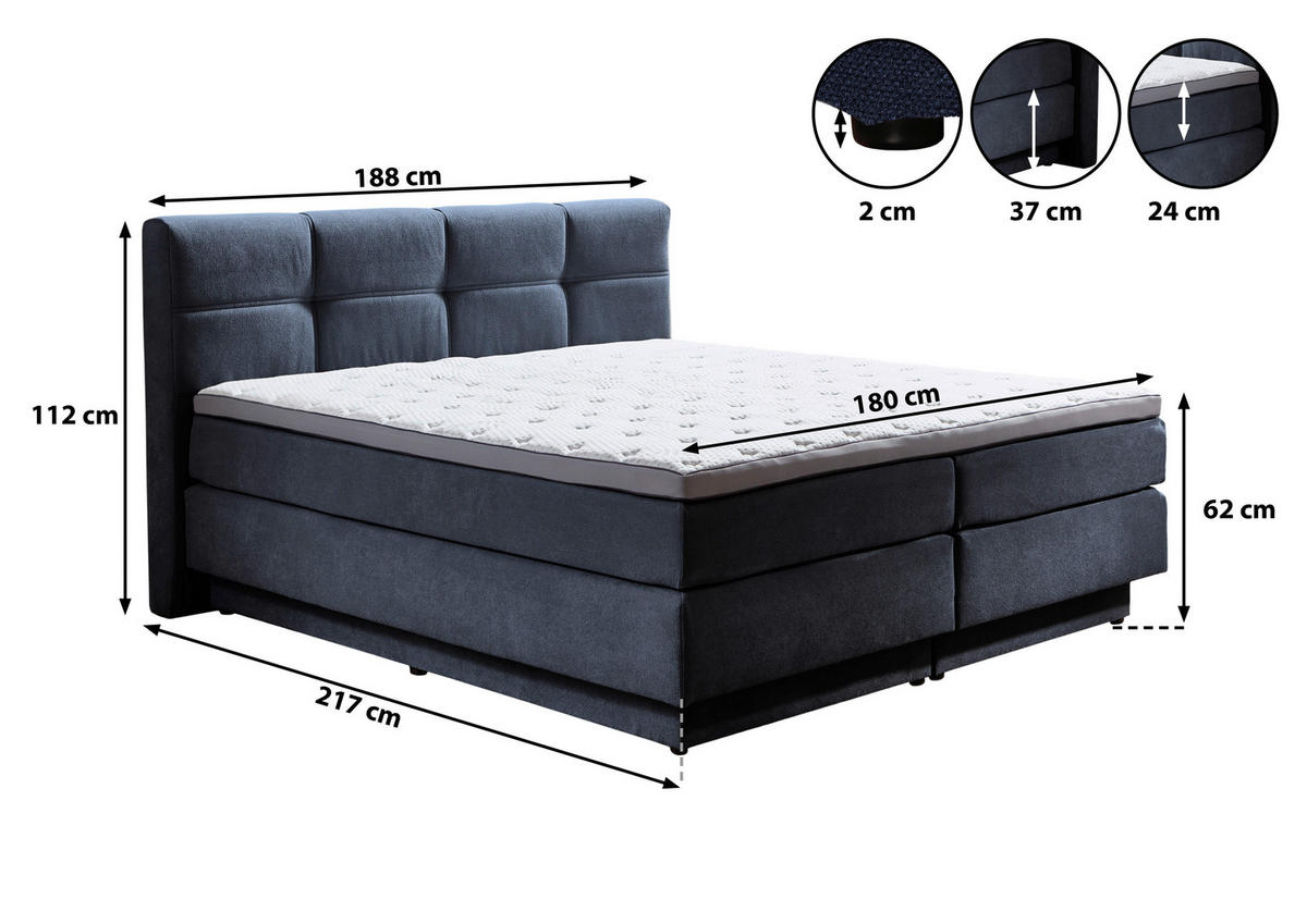 BOXSPRINGBETT 180/200 cm  Blau  - Blau/Schwarz, Konventionell, Kunststoff/Textil (180/200cm) - Carryhome