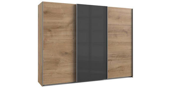 SCHWEBETÜRENSCHRANK 270/210/65 cm 3-türig Dunkelgrau, Plankeneiche - Plankeneiche/Dunkelgrau, KONVENTIONELL, Glas/Holzwerkstoff (270/210/65cm) - Carryhome