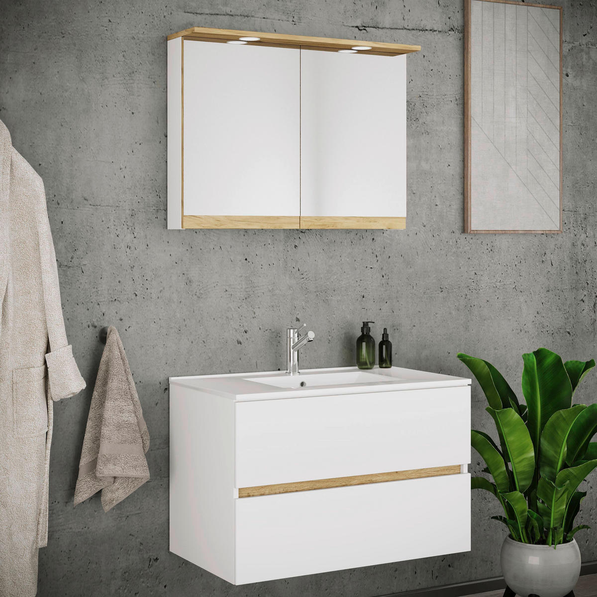 BADEZIMMER 3-teilig 81 cm  - Honigeiche/Weiss, Trend, Keramik/Holzwerkstoff (81cm) - MID.YOU