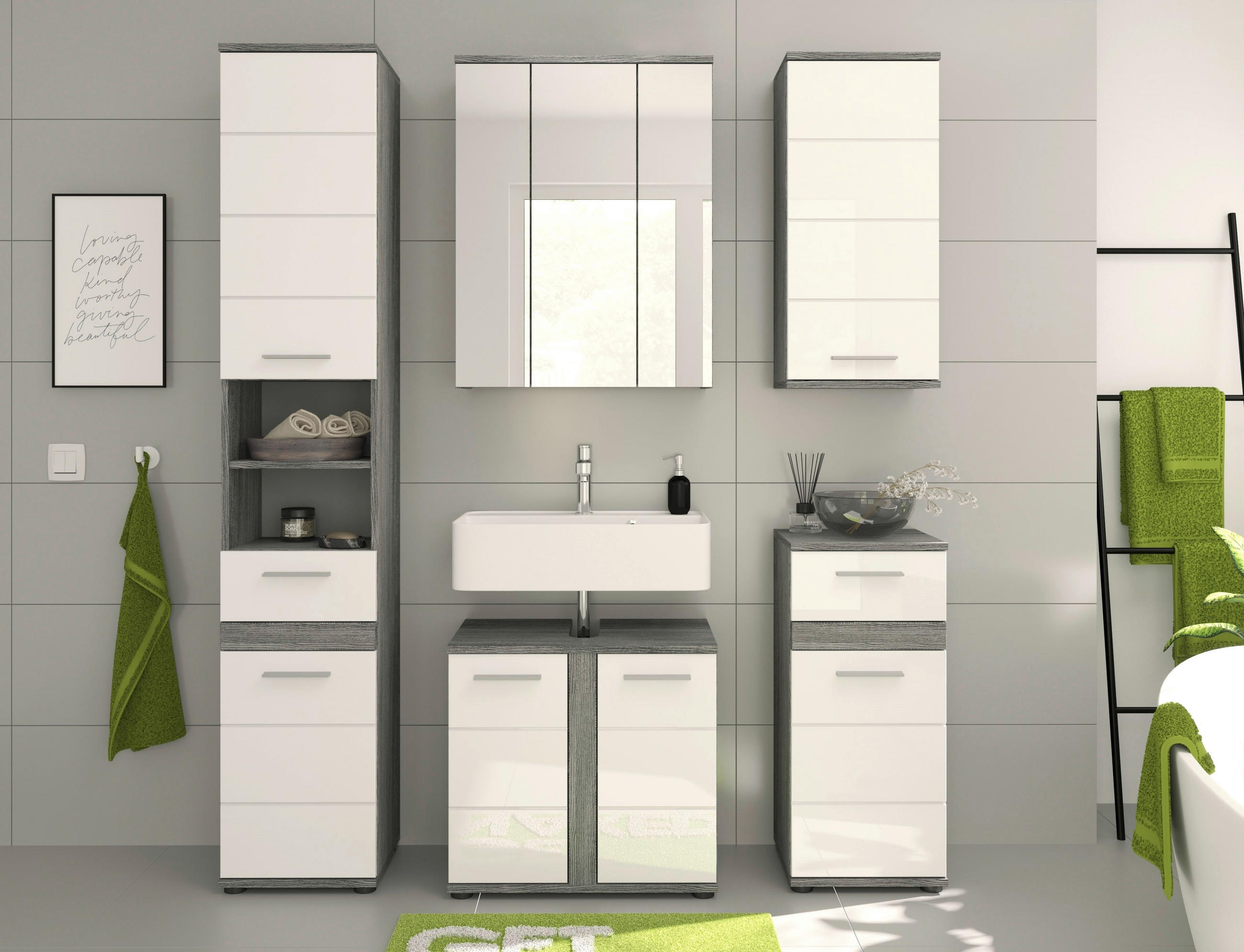 BADEZIMMER 5-teilig  in 130 cm  - Weiß Hochglanz/Silberfarben, MODERN, Holzwerkstoff/Kunststoff (130cm) - MID.YOU