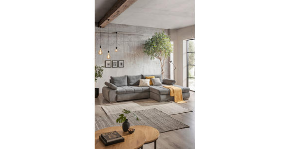 ECKSOFA  in Flachgewebe Grau Rückenkissen, Schlaffunktion, Rücken echt, Armteilverstellung, Stauraum  294/173 cm  - Chromfarben/Weiß, Design, Kunststoff/Textil (294/173cm) - Carryhome