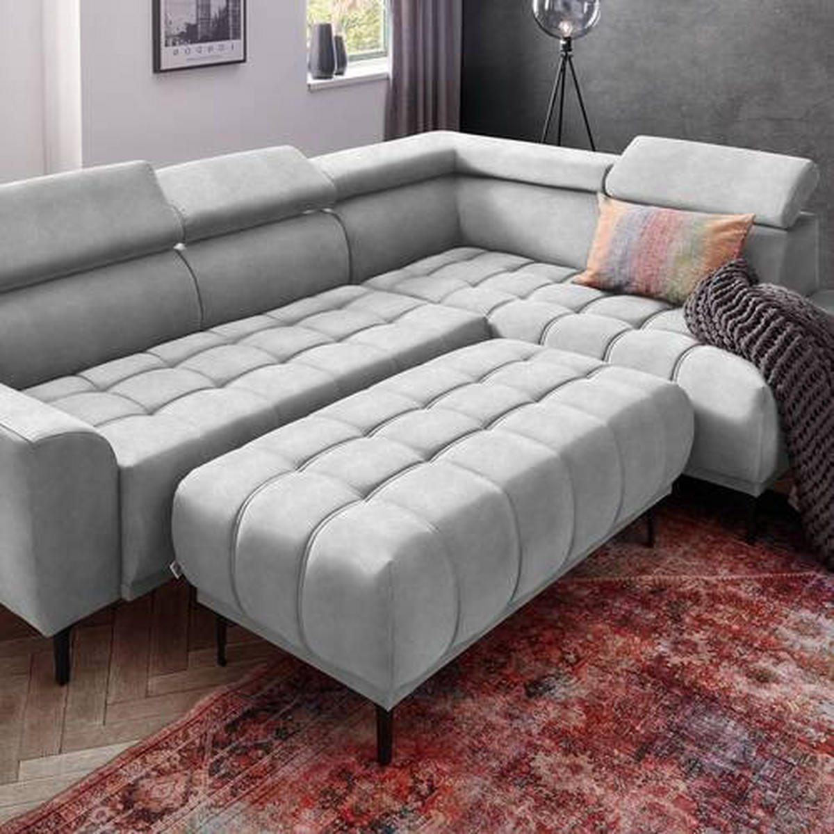 ECKSOFA Hellgrau Velours  - Hellgrau/Schwarz, Design, Textil/Metall (261/191cm) - Stylife