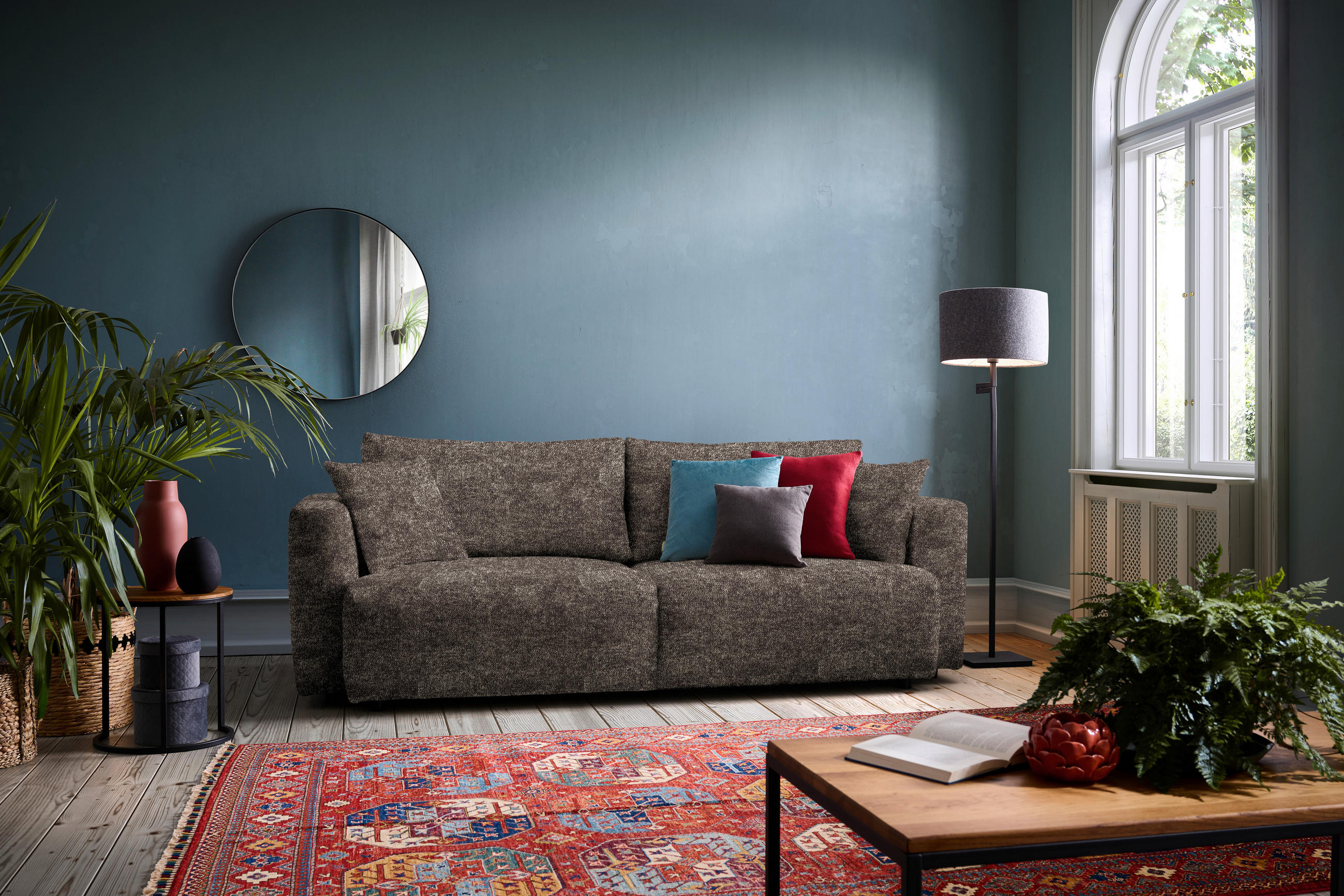 SCHLAFSOFA  mit Stoffauswahl, Schlafen auf Sitzhöhe, Rücken echt Velours Graubraun  - Graubraun/Schwarz, Design, Kunststoff/Textil (250/92/105cm) - Carryhome