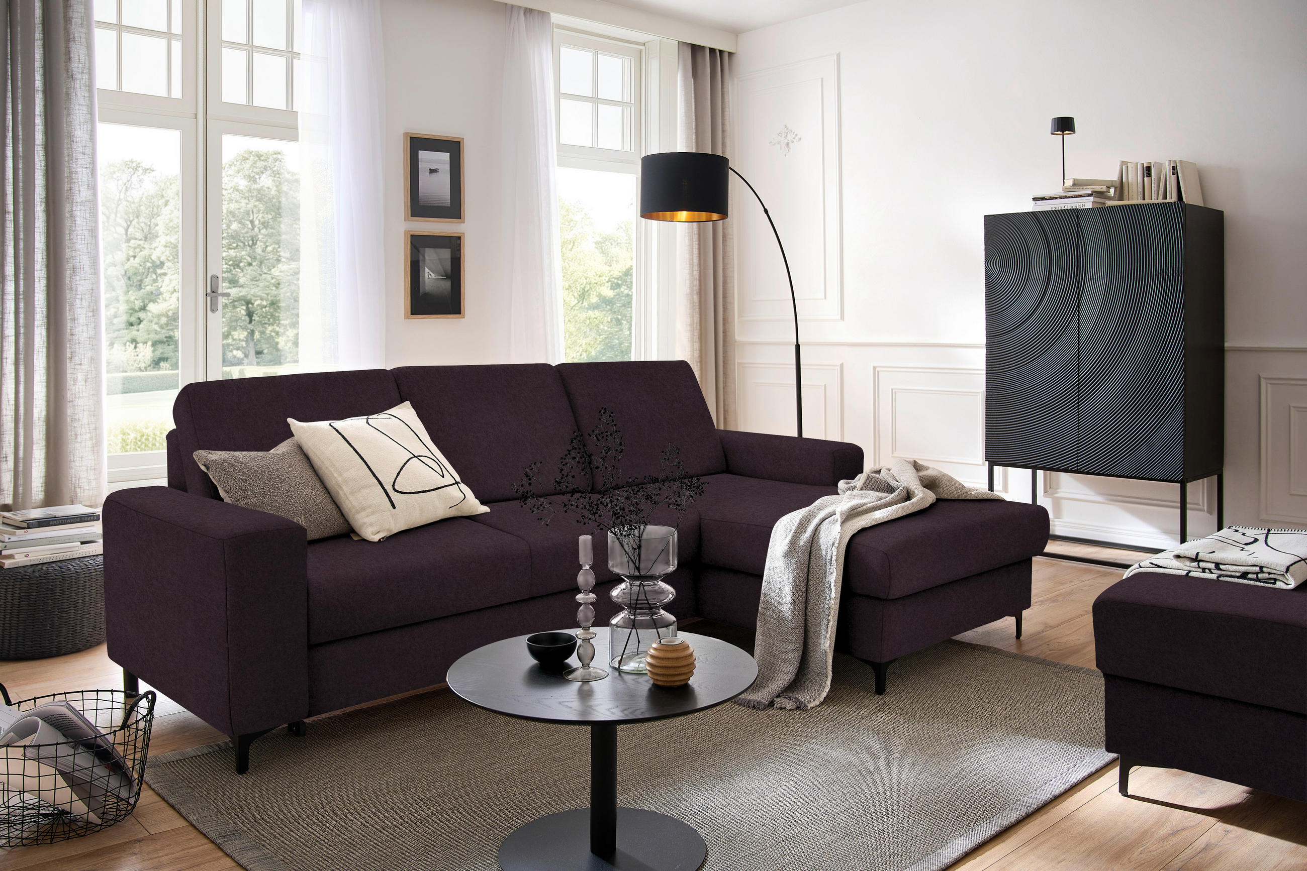 ECKSOFA Aubergine Velours  - Aubergine/Schwarz, KONVENTIONELL, Textil/Metall (247/167cm) - Stylife
