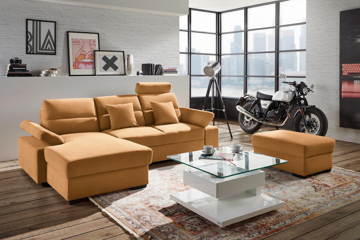 ECKSOFA in Webstoff Currygelb  - Currygelb/Dunkelbraun, Konventionell, Kunststoff/Textil (166/258cm) - Cantus