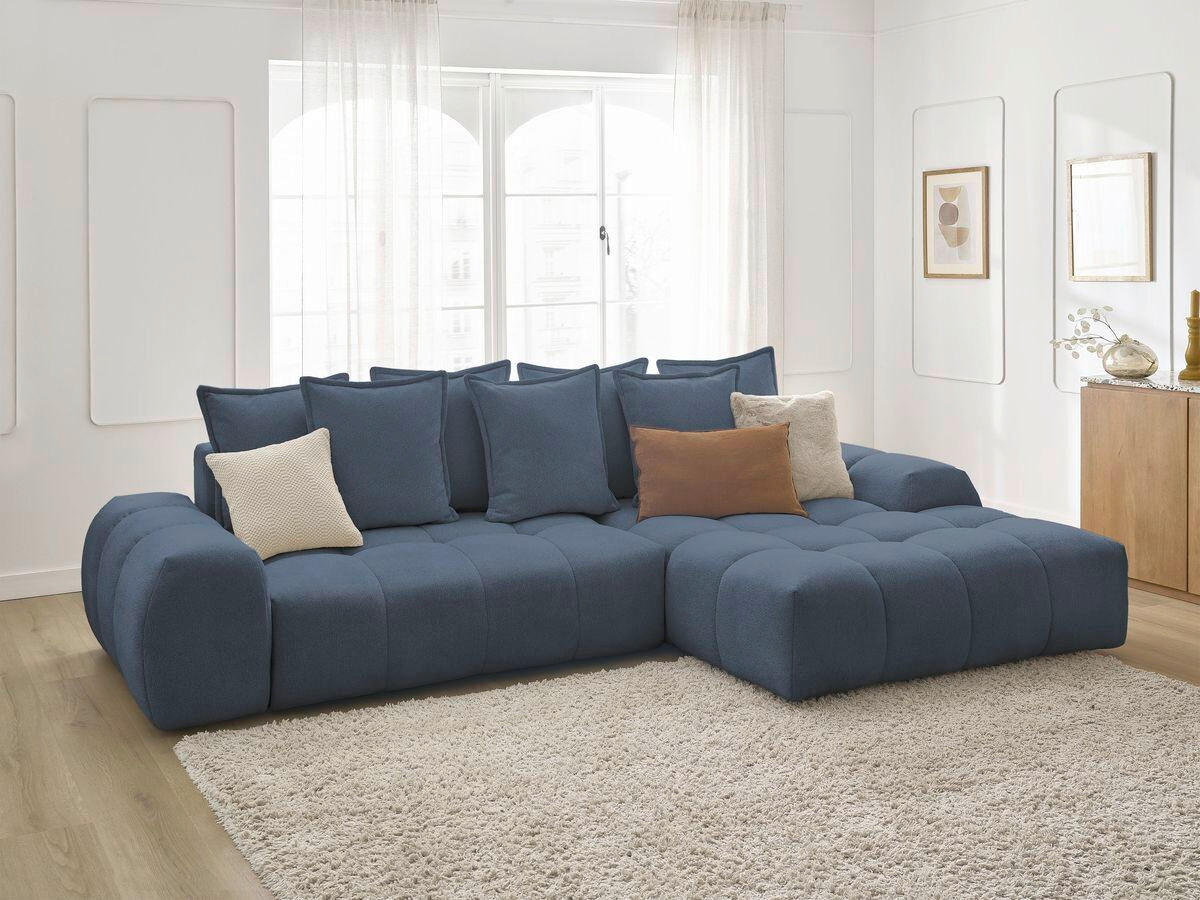 ECKSCHLAFSOFA EVEREST  mit Rücken echt, Armteil links, Armteil rechts Flachgewebe Dunkelblau  - Schwarz/Dunkelblau, MODERN, Kunststoff/Textil (318/180cm) - Livetastic