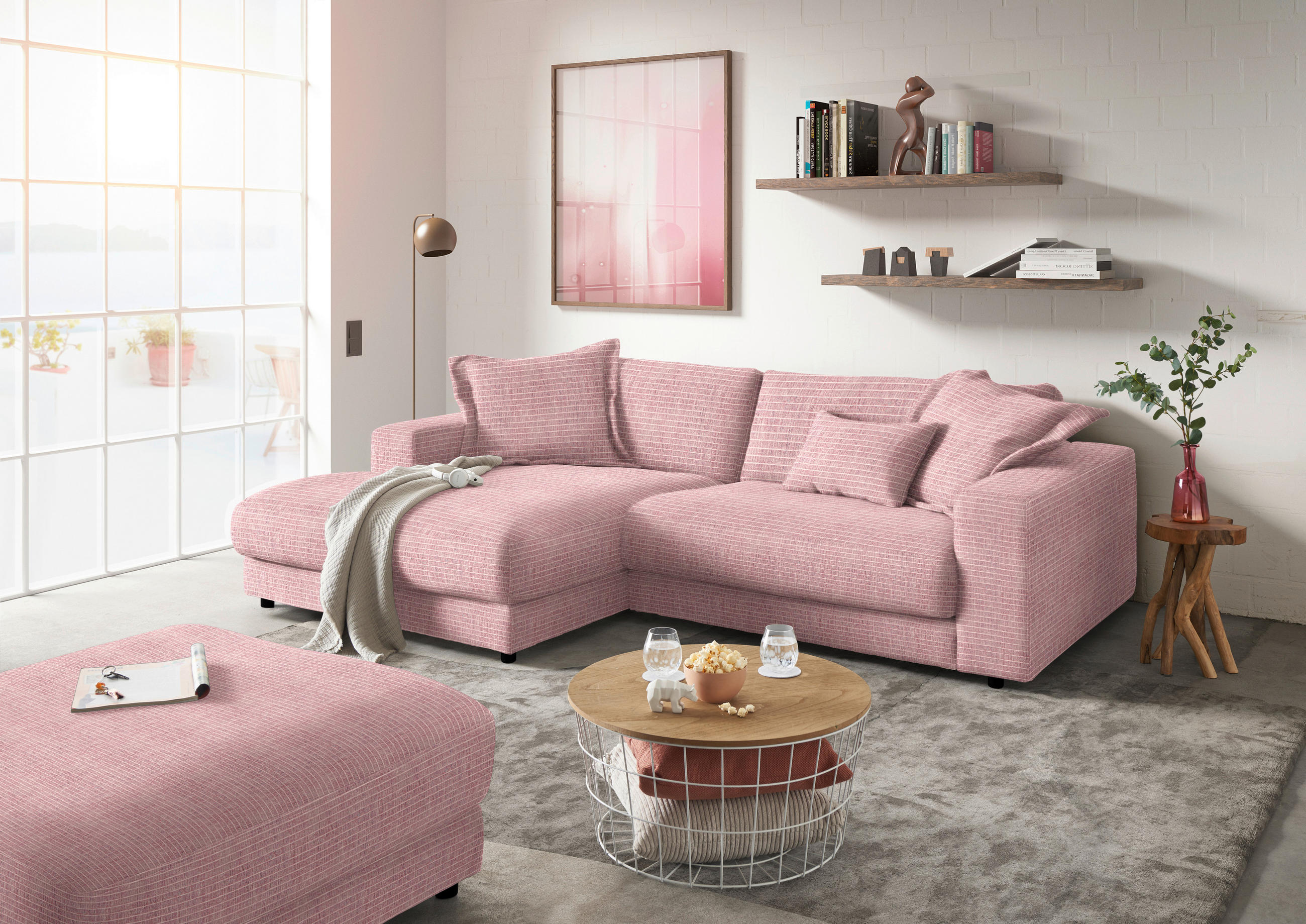 ECKSOFA in Chenille Rosa  - Schwarz/Rosa, Design, Kunststoff/Textil (190/270cm) - Lomoco