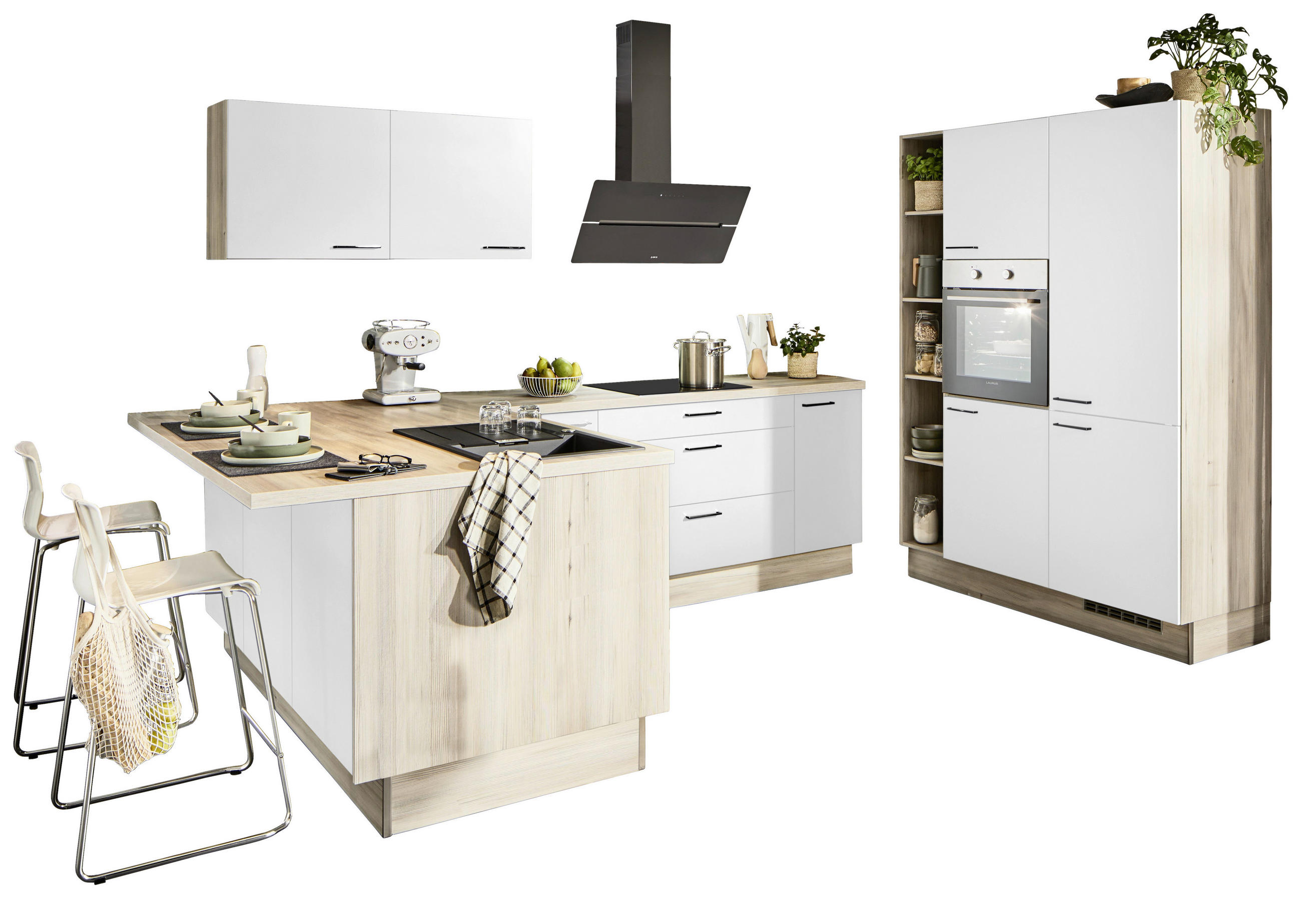 ECKKÜCHE XO 21  in Weiß, Tannenholzfarben  - Tannenholzfarben/Schwarz, Design, Holzwerkstoff/Metall (121,6/280/150cm) - Xora