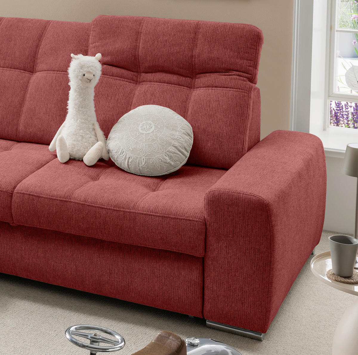 ECKSOFA FRIDO in Chenille Rot  186/283 cm  - Chromfarben/Rot, KONVENTIONELL, Textil/Metall (186/283cm) - Livetastic