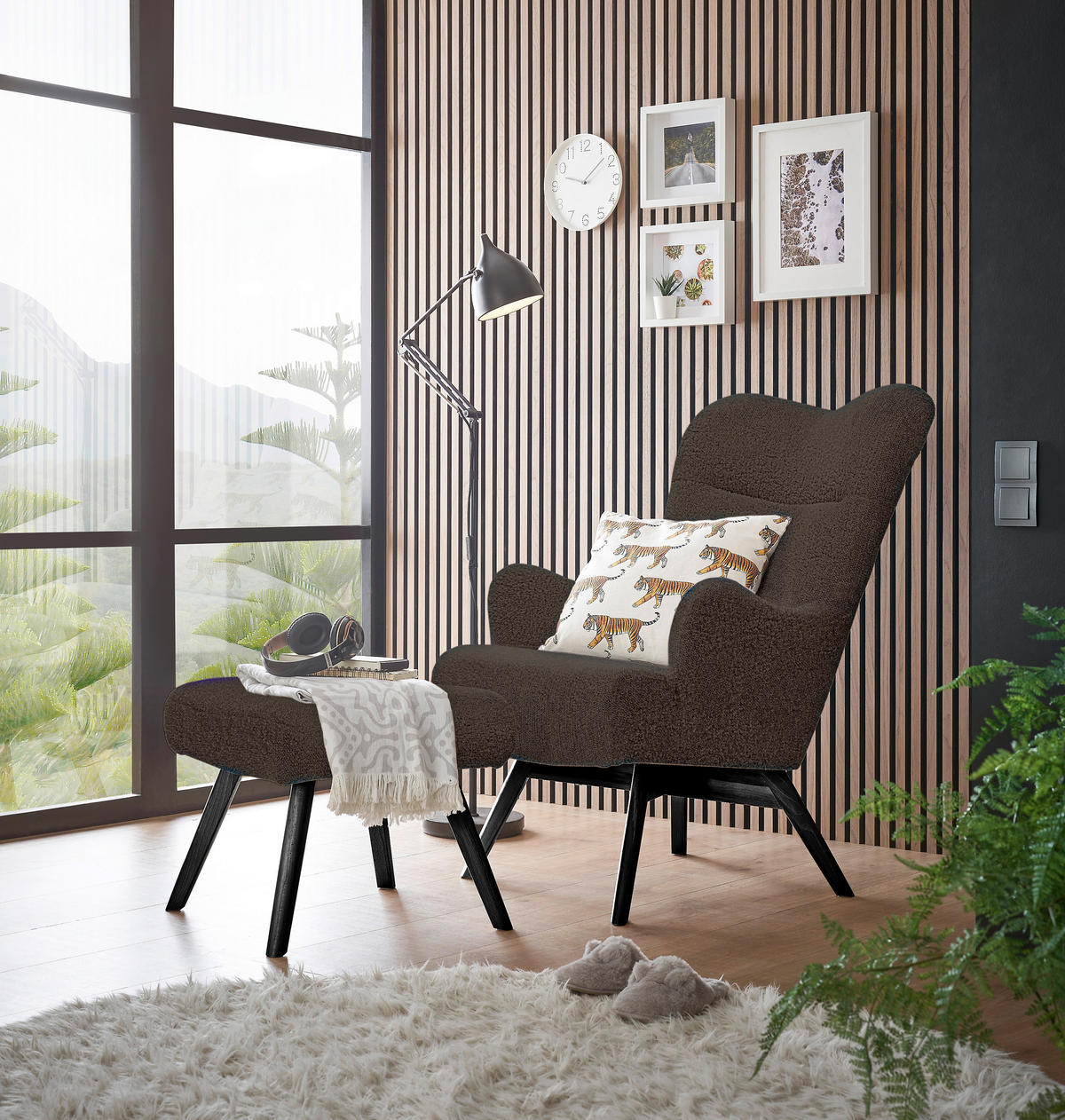 OHRENSESSEL in Teddystoff Braun, Schwarz  - Schwarz/Braun, Design, Holz/Holzwerkstoff (80/106/100cm) - MID.YOU