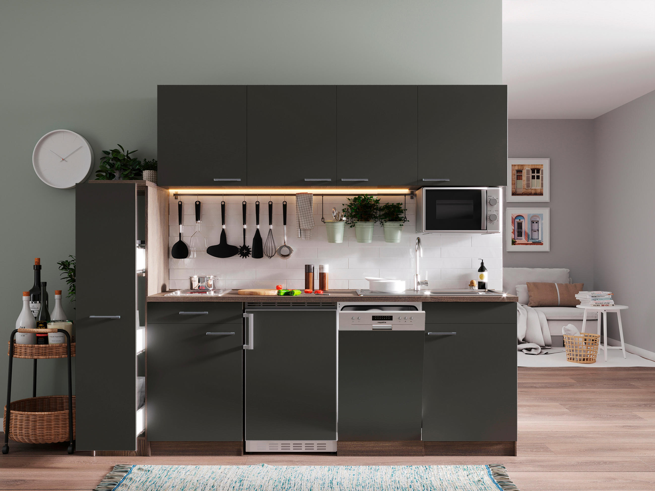 KÜCHENBLOCK 225 cm   in Grau  - Eichefarben/Alufarben, Basics, Holzwerkstoff/Kunststoff (225cm) - Respekta