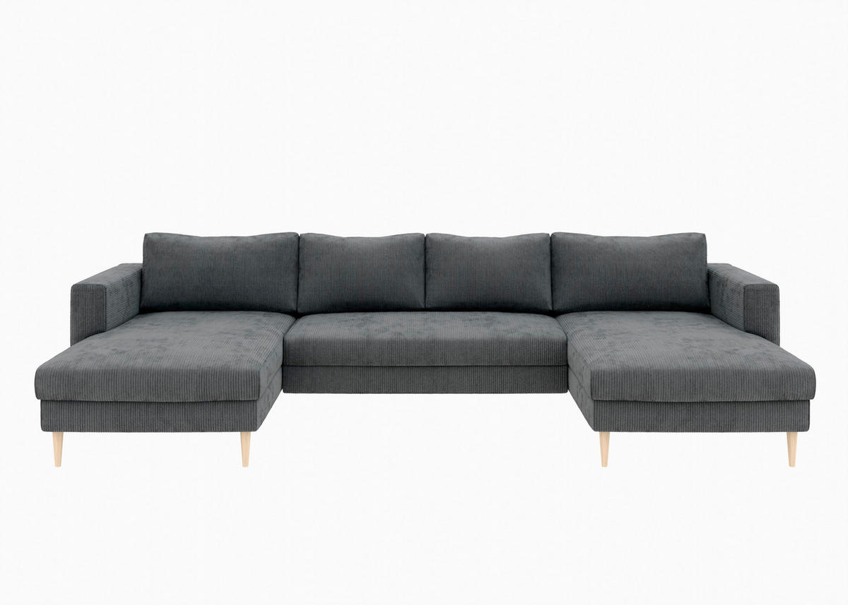 WOHNLANDSCHAFT Dunkelgrau Cord  - Dunkelgrau/Buchefarben, MODERN, Holz/Textil (161/306/161cm) - Trendmanufaktur