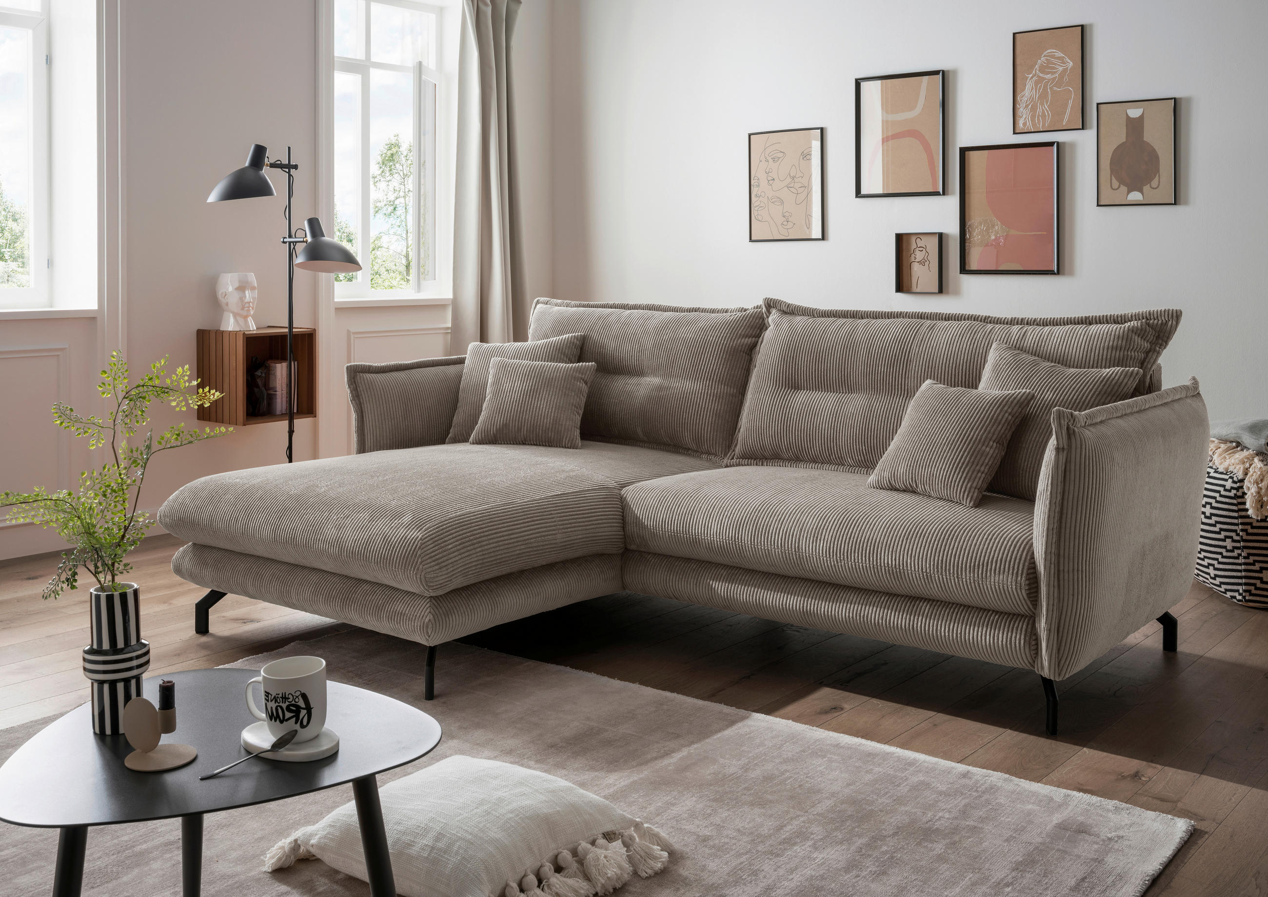 ECKSOFA in Cord Graubraun  - Graubraun/Schwarz, Modern, Textil/Metall (180/255cm) - Livetastic