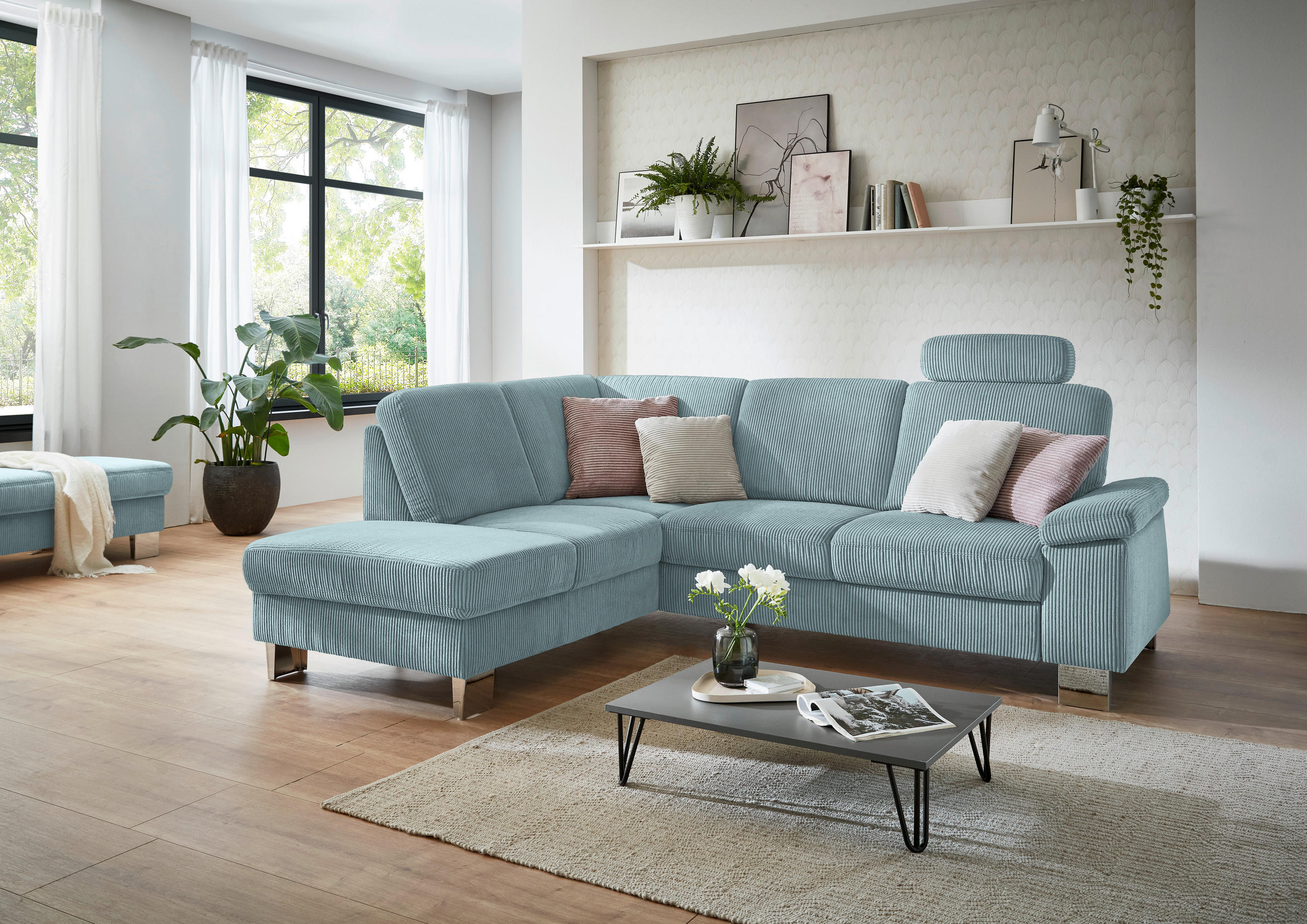 ECKSOFA in Cord Hellblau  - Edelstahlfarben/Hellblau, Konventionell, Textil/Metall (200/248cm) - Beldomo System