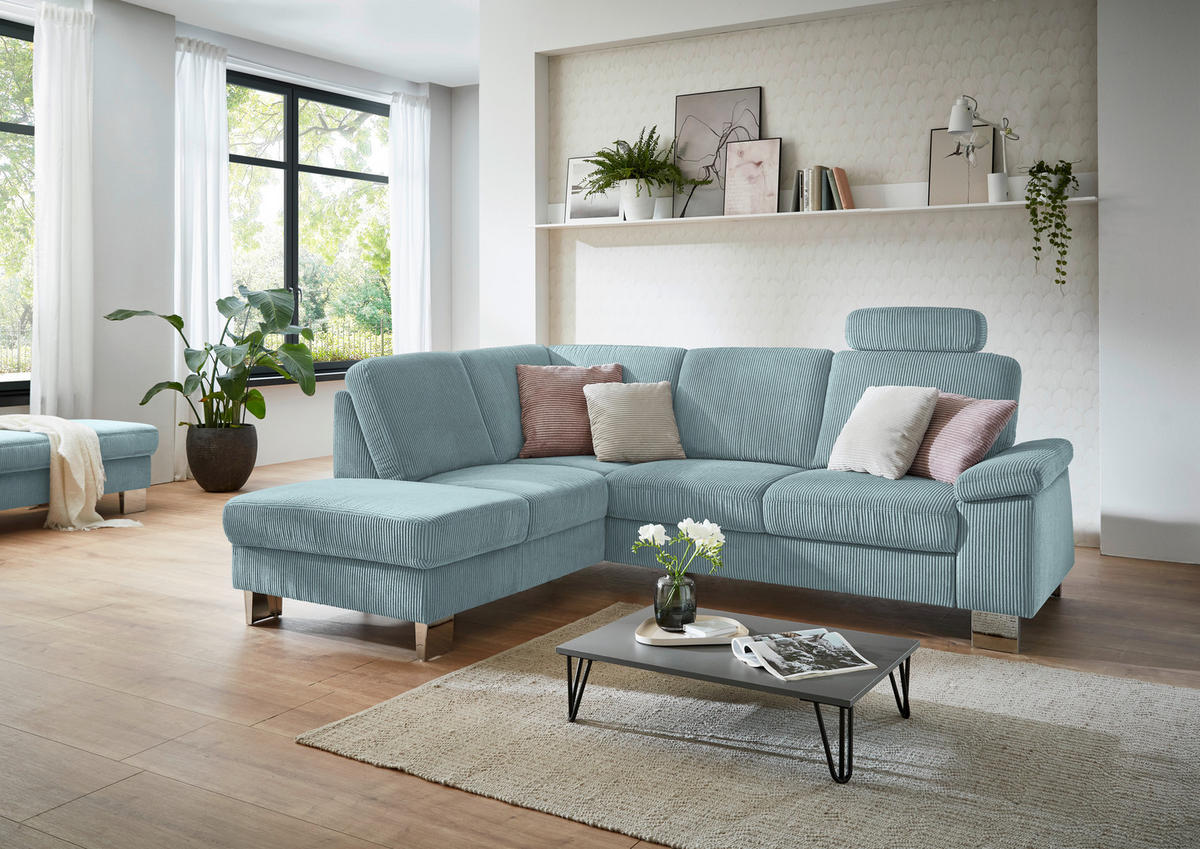ECKSOFA in Cord Hellblau  - Edelstahlfarben/Hellblau, Konventionell, Textil/Metall (200/248cm) - Beldomo System