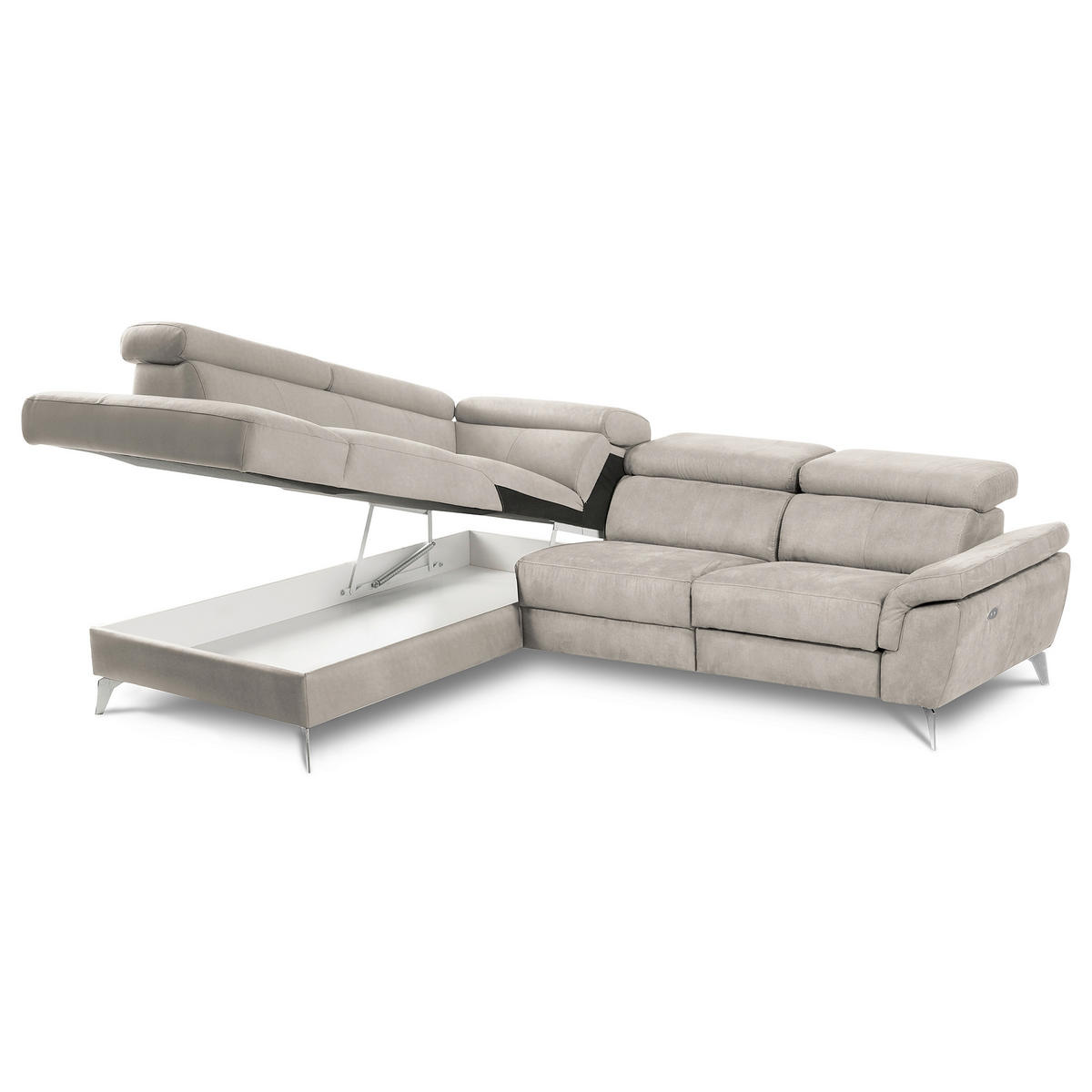 ECKSOFA SONO in Lederlook Hellgrau Bettkasten, Armteilverstellung, Kopfteilverstellung  210/265 cm  - Chromfarben/Hellgrau, Design, Textil/Metall (210/265cm) - Livetastic