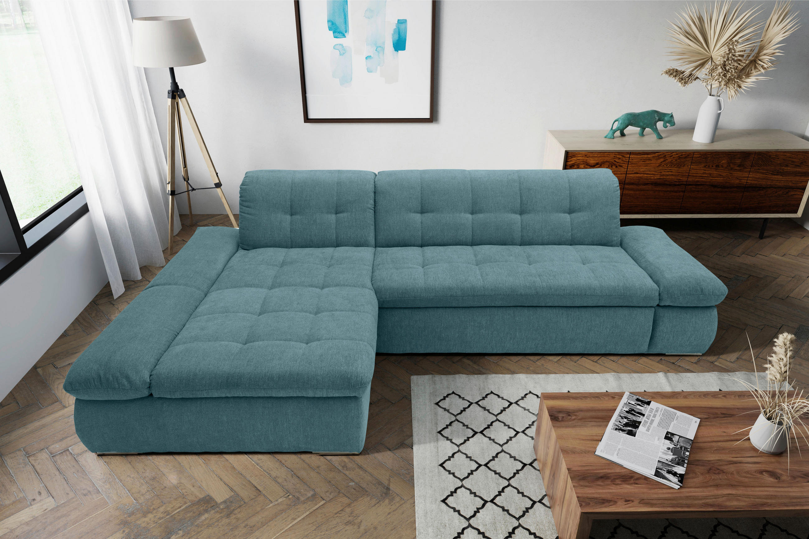 ECKSOFA Petrol Mikrofaser - Chromfarben/Petrol, KONVENTIONELL, Textil/Metall (172/300cm) - MID.YOU