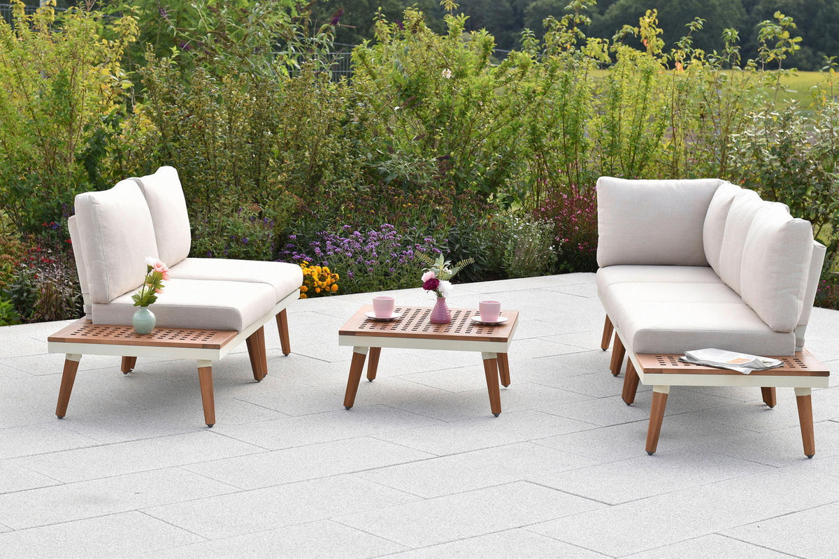 LOUNGEGARNITUR   Akazie Hartholz Aluminium  - Beige/Weiß, KONVENTIONELL, Holz/Textil - Gardenson