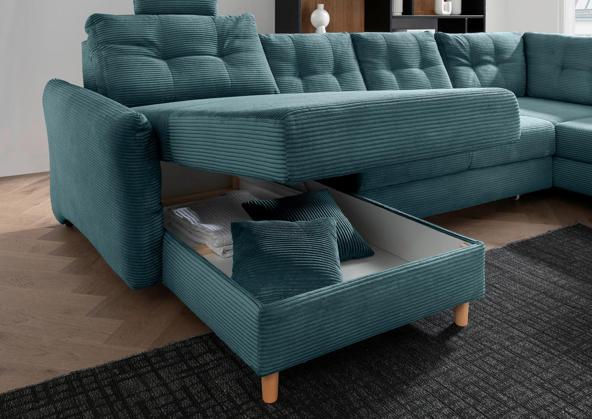 WOHNLANDSCHAFT in Cord Petrol  - Petrol/Naturfarben, MODERN, Holz/Textil (176/338-352/206cm) - Livetastic