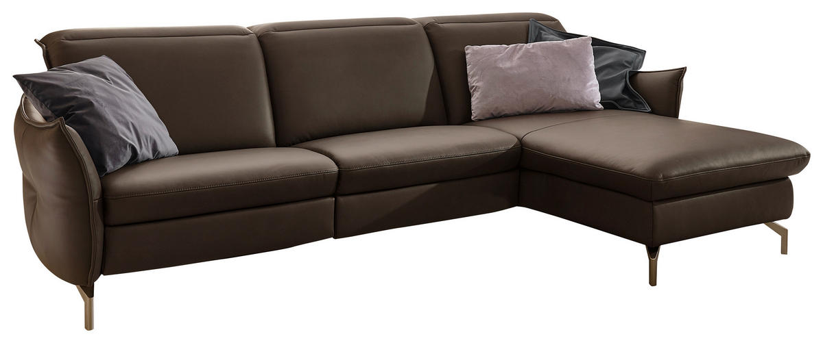 ECKSOFA in Lederlook (vegan) Dunkelbraun  - Dunkelbraun/Nickelfarben, Modern, Textil/Metall (263/179cm) - Livetastic