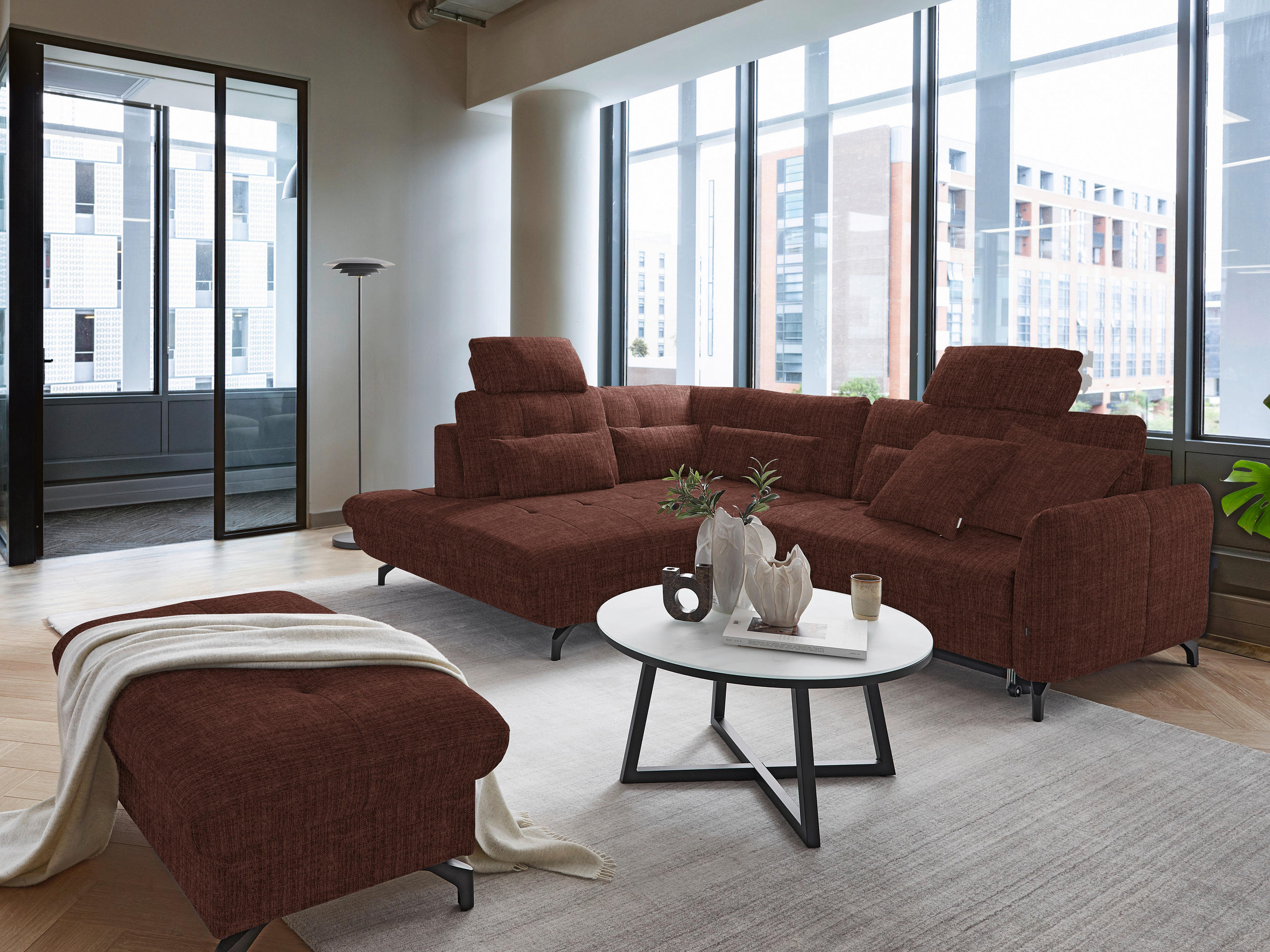 ECKSOFA in Flachgewebe, Leinenoptik Rotbraun  208/247 cm  - Rotbraun/Schwarz, Design, Textil/Metall (208/247cm) - Xora