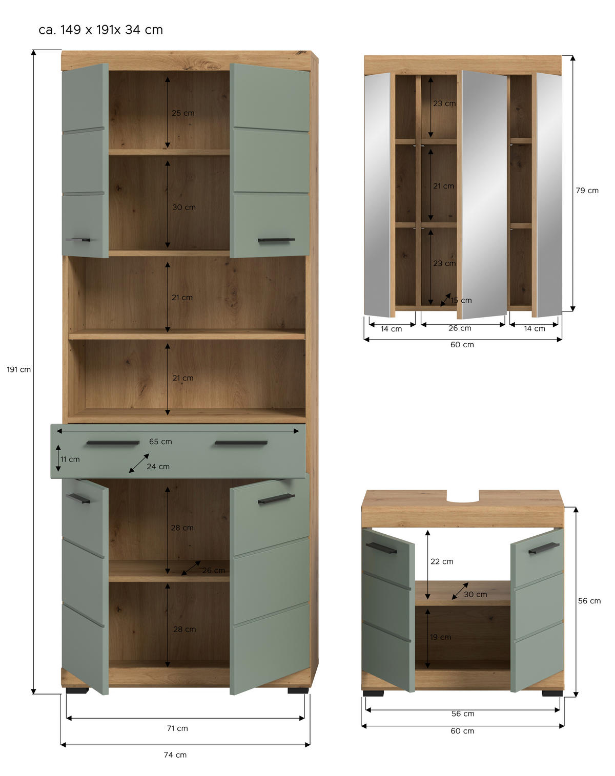 BADEZIMMER 3-teilig  in 134 cm  - Schwarz, MODERN, Holzwerkstoff/Kunststoff (134cm) - MID.YOU